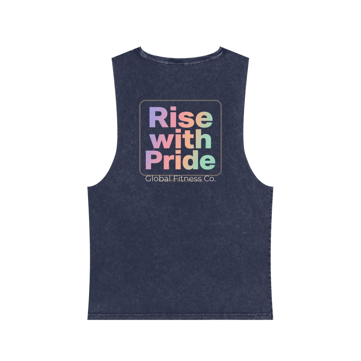 Global Fitness Co. charcoal unisex stonewashed tank with Rise With Pride back graphic and front says Compete