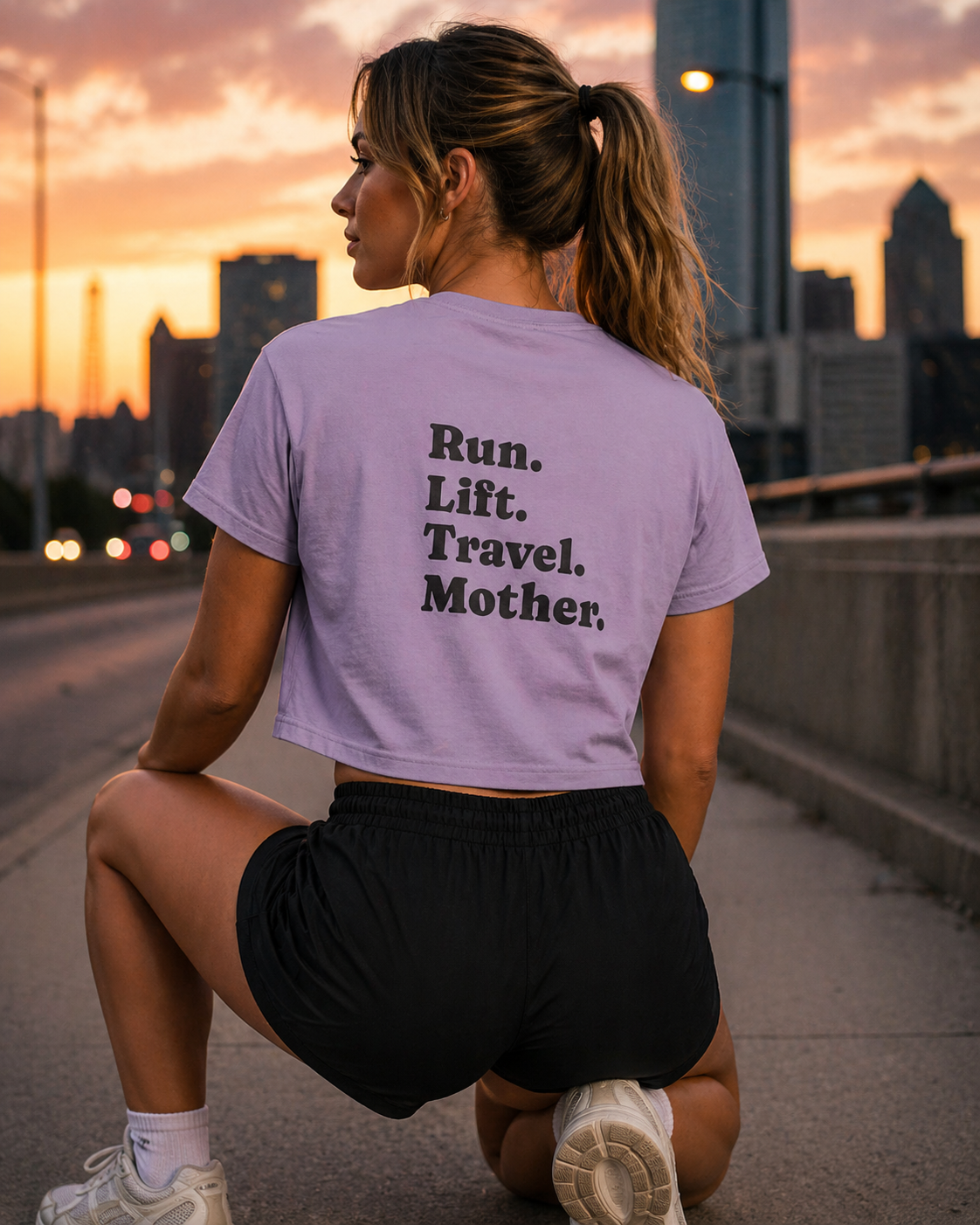 Run Lift Travel Mother Tee — Women’s Cropped Fitness Shirt | Minimal Mom Shirt Orchid