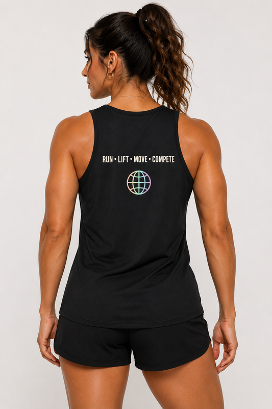 Global fitness co. Compete performance tank in black with back graphic. Run,Lift,Move,Compete.