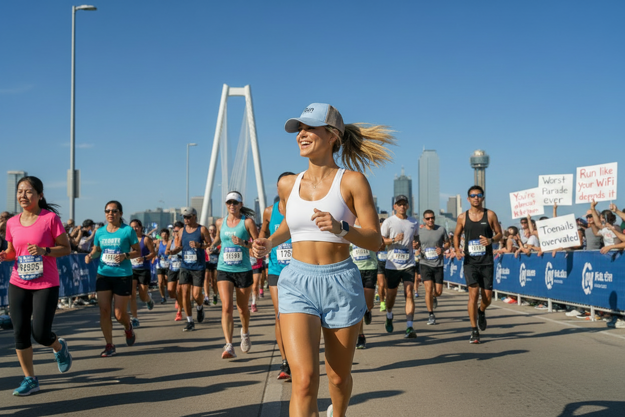 Athletic woman wearing a cute fitness hat that says "Run"