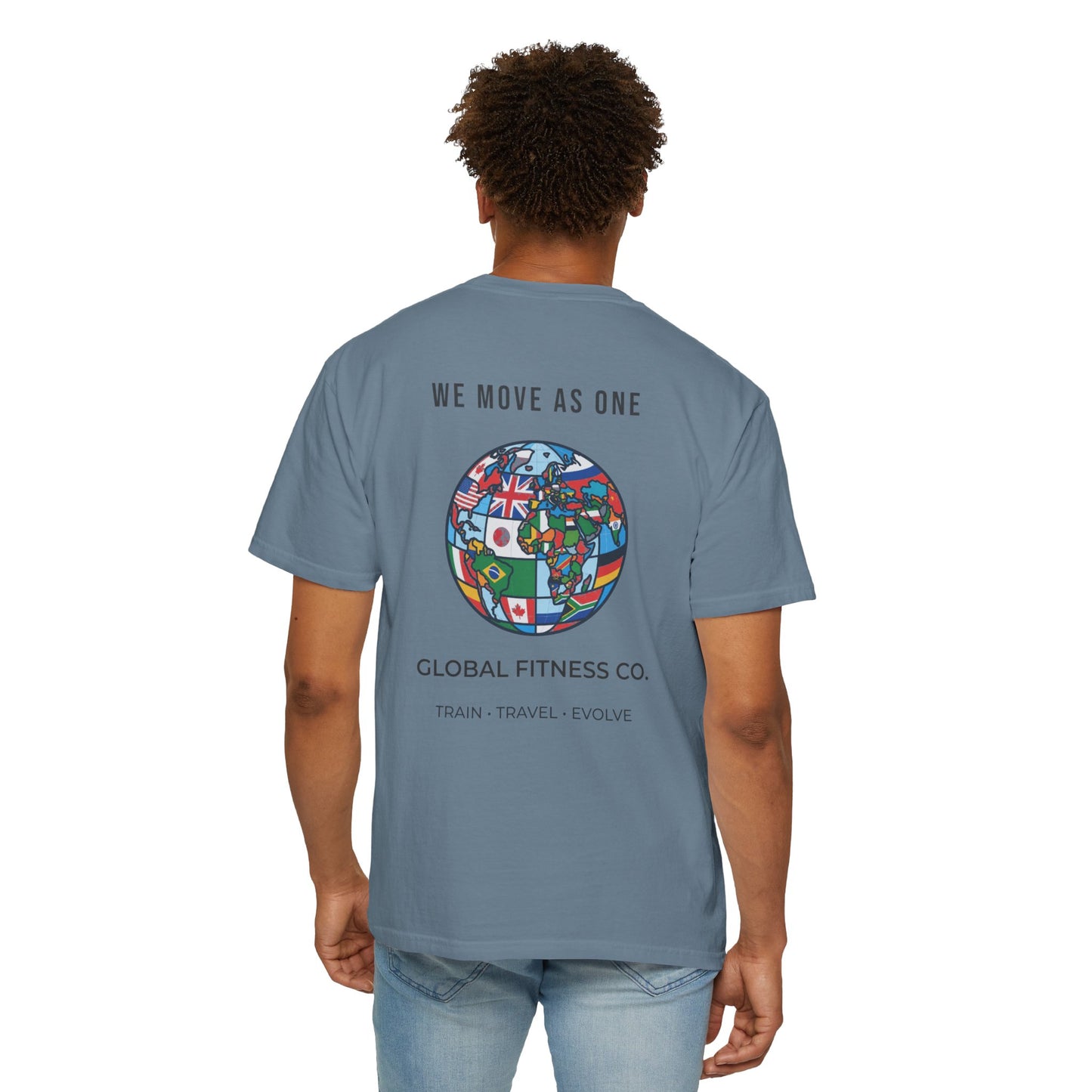 Global Fitness Co. fitness tee featuring We Move As One colorful globe back graphic