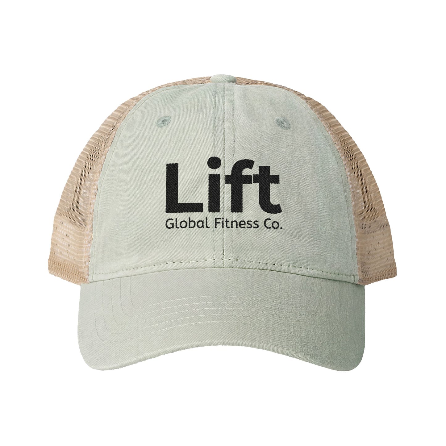Sage embroidered hat that says Lift Global Fitness Co. 