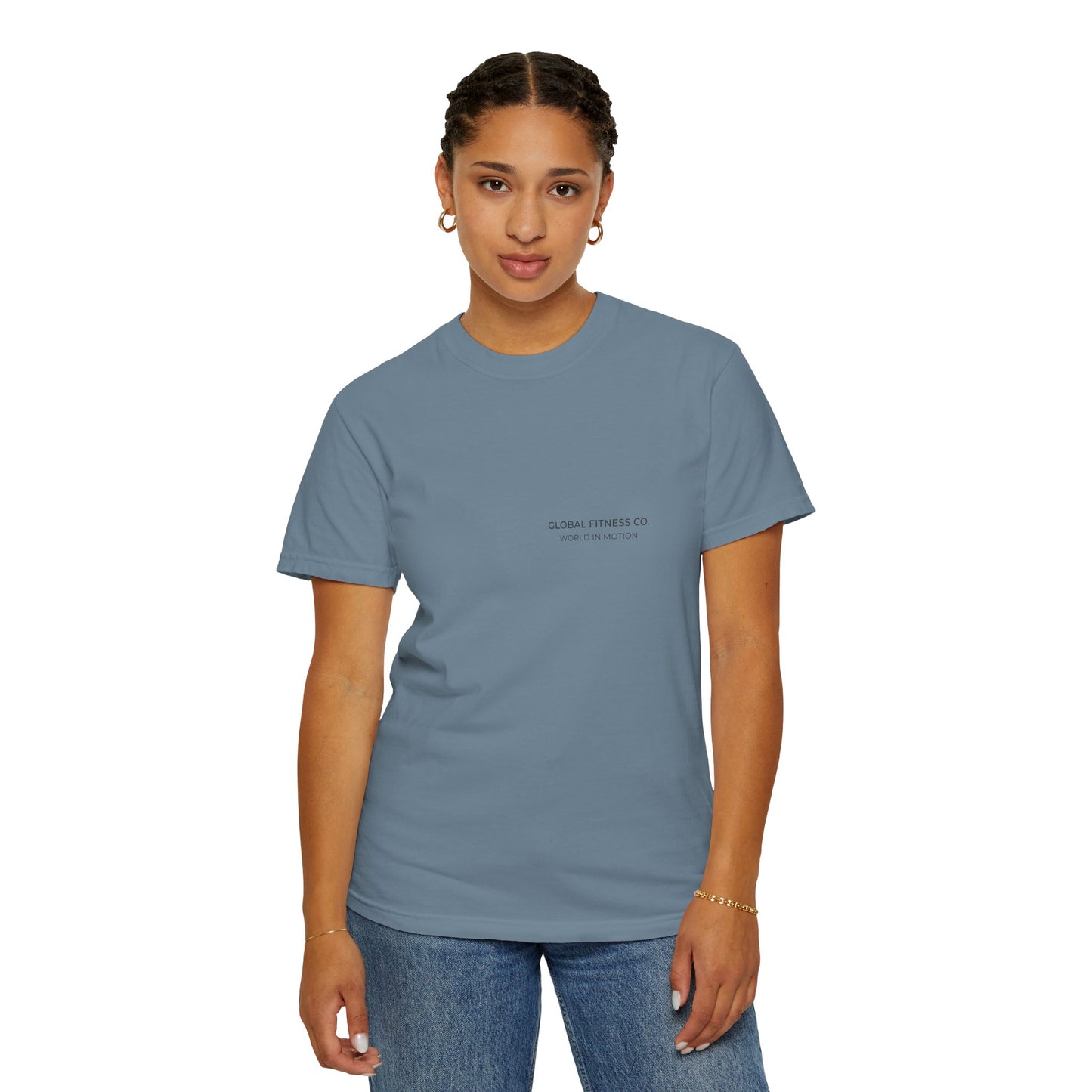 Global Fitness Co. fitness tee featuring We Move As One colorful globe back graphic