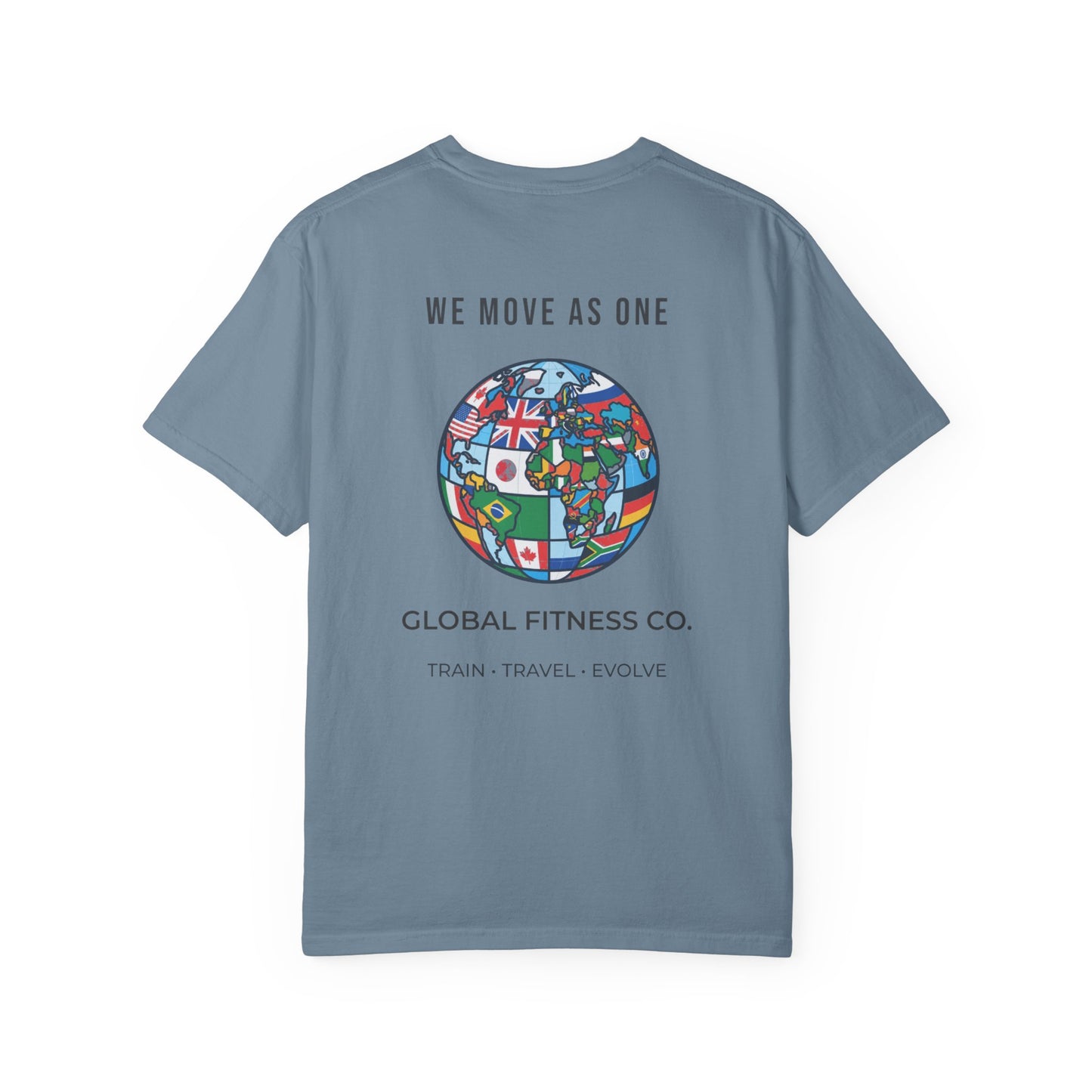 Blue Global Fitness Co. women’s fitness tee featuring We Move As One colorful globe back graphic