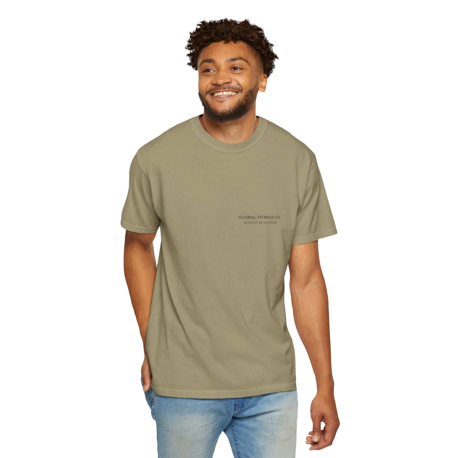 Global Fitness Co. fitness tee featuring We Move As One colorful globe back graphic