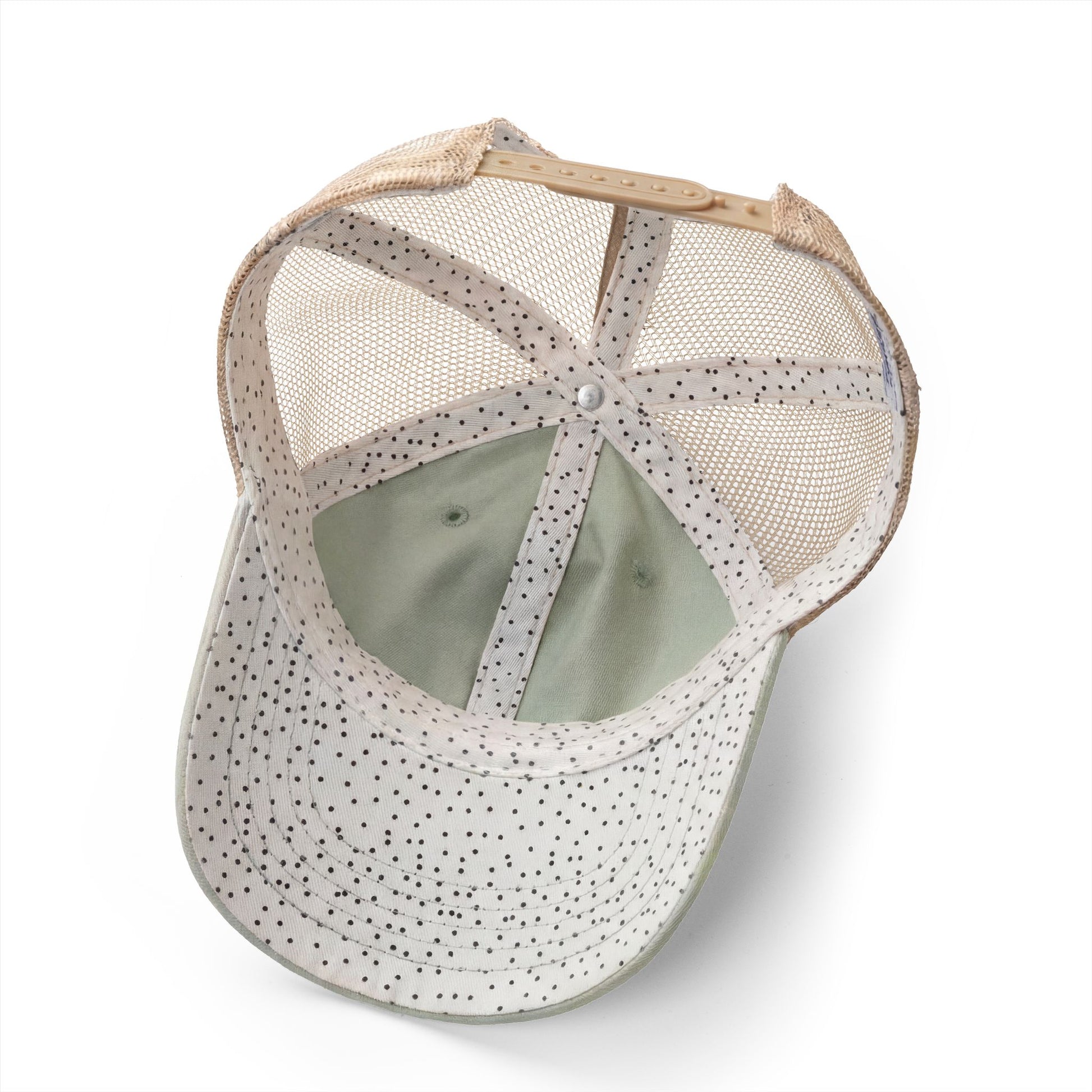 polka dot under sage green embroidered hat