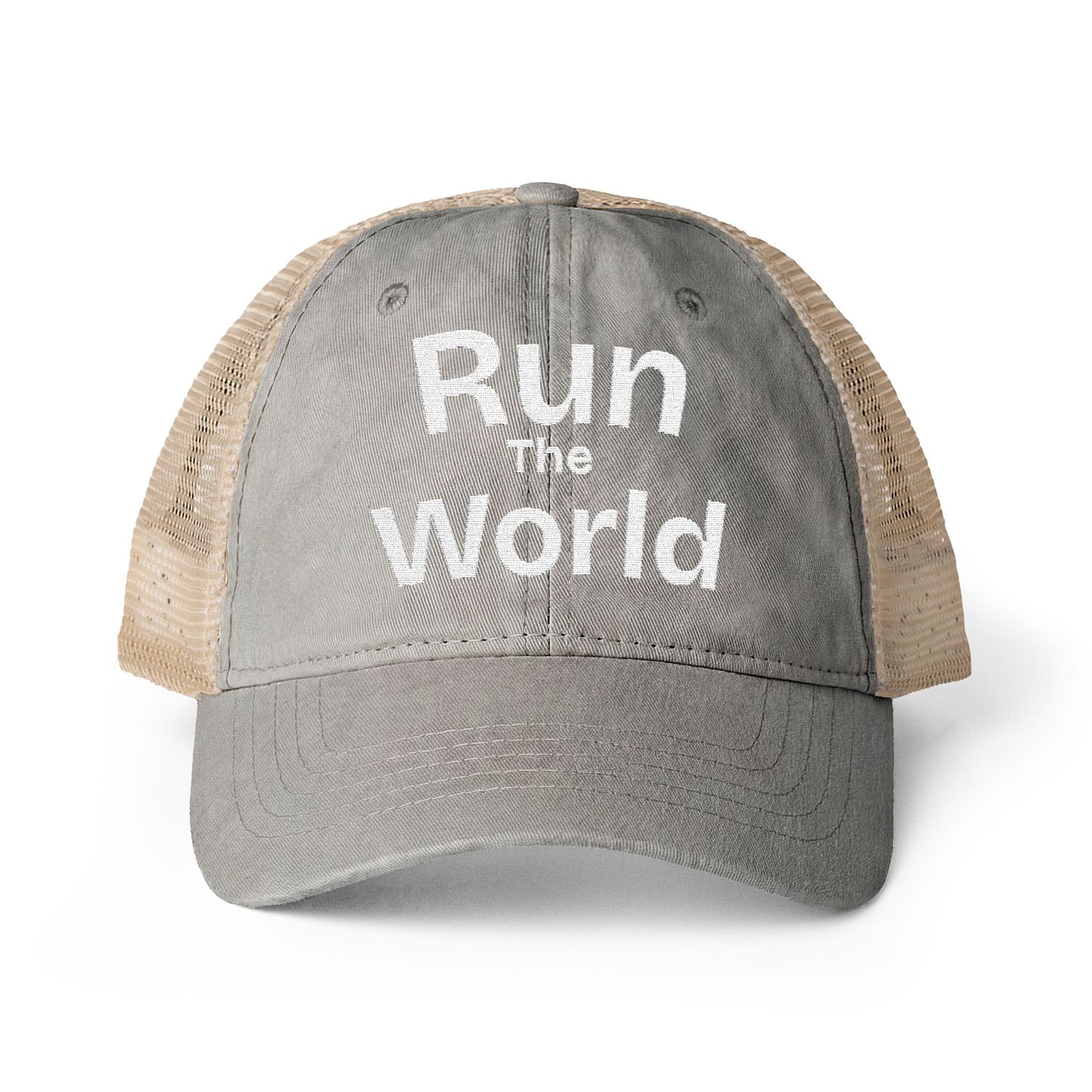 Run the World Trucker Hat | Vintage Embroidered Fitness Travel Cap | Global Fitness Co.