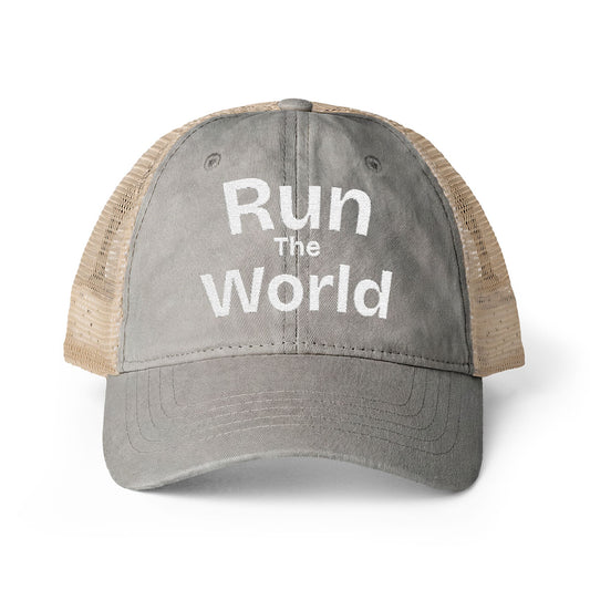 Run the World Trucker Hat | Vintage Embroidered Fitness Travel Cap | Global Fitness Co.