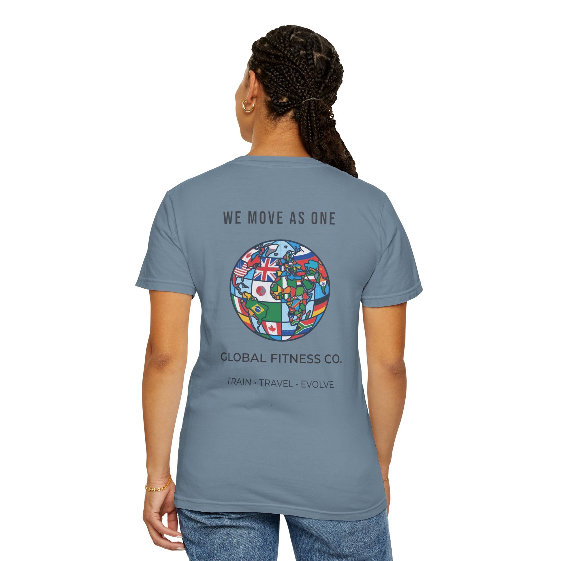 Global Fitness Co. fitness tee featuring We Move As One colorful globe back graphic