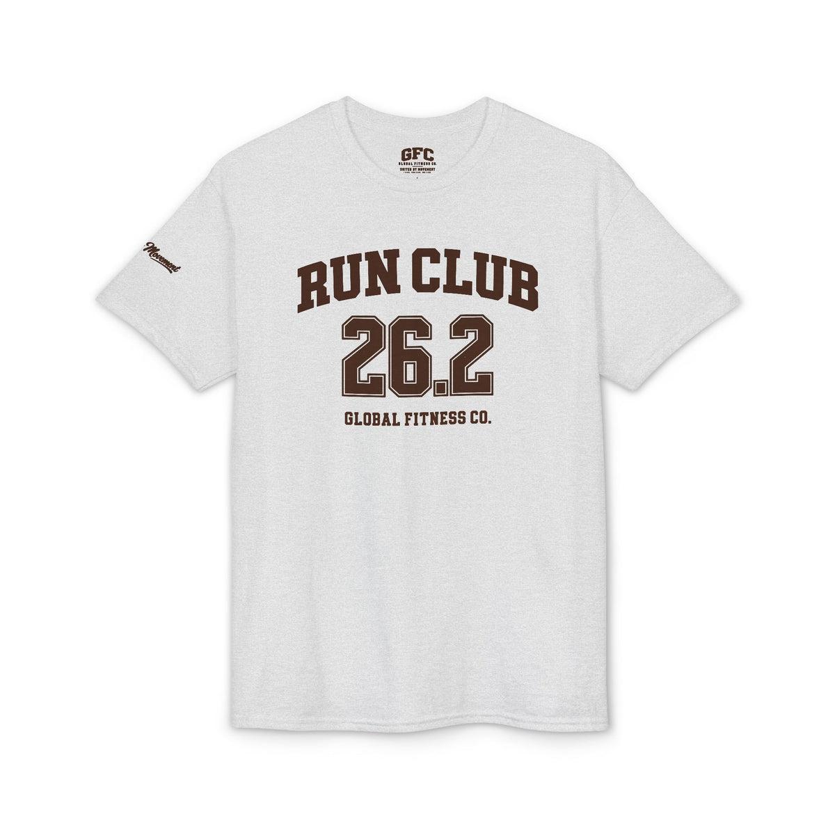 A light gray heather crewneck t-shirt featuring a dark brown graphic print on the front that reads 'RUN CLUB 26.2 GLOBAL FITNESS CO.