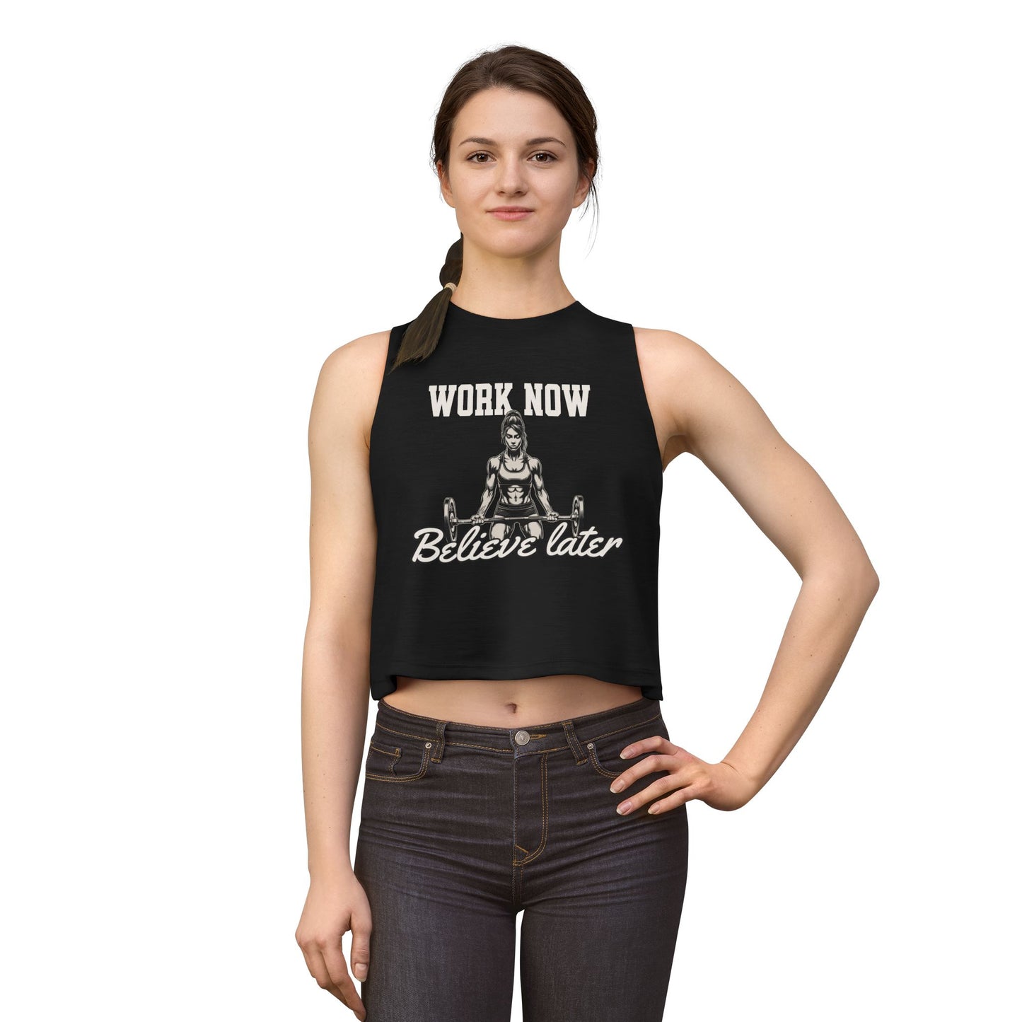 Workout Crop Top "Work Now, Believe Later" – Motivational Gym Tank for Women