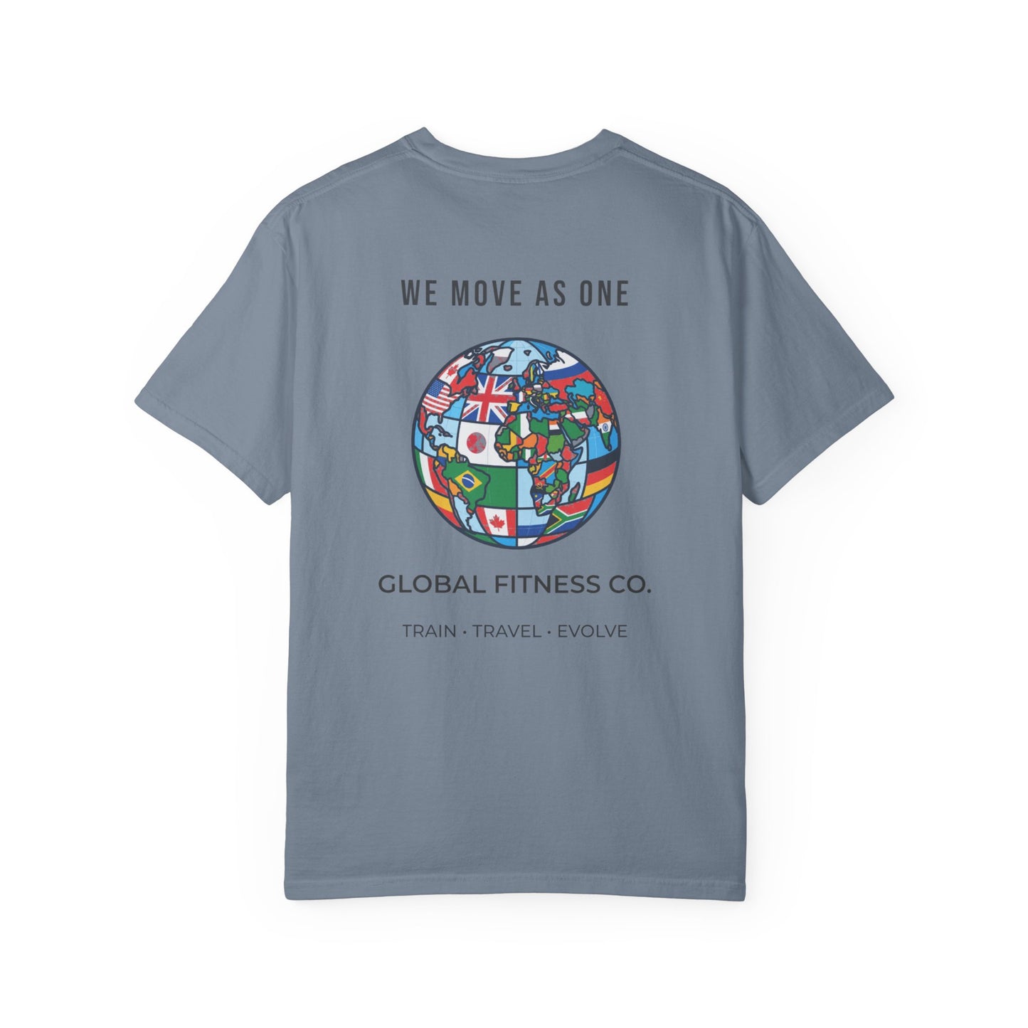 Blue Global Fitness Co. unisex fitness tee featuring We Move As One colorful globe back graphic