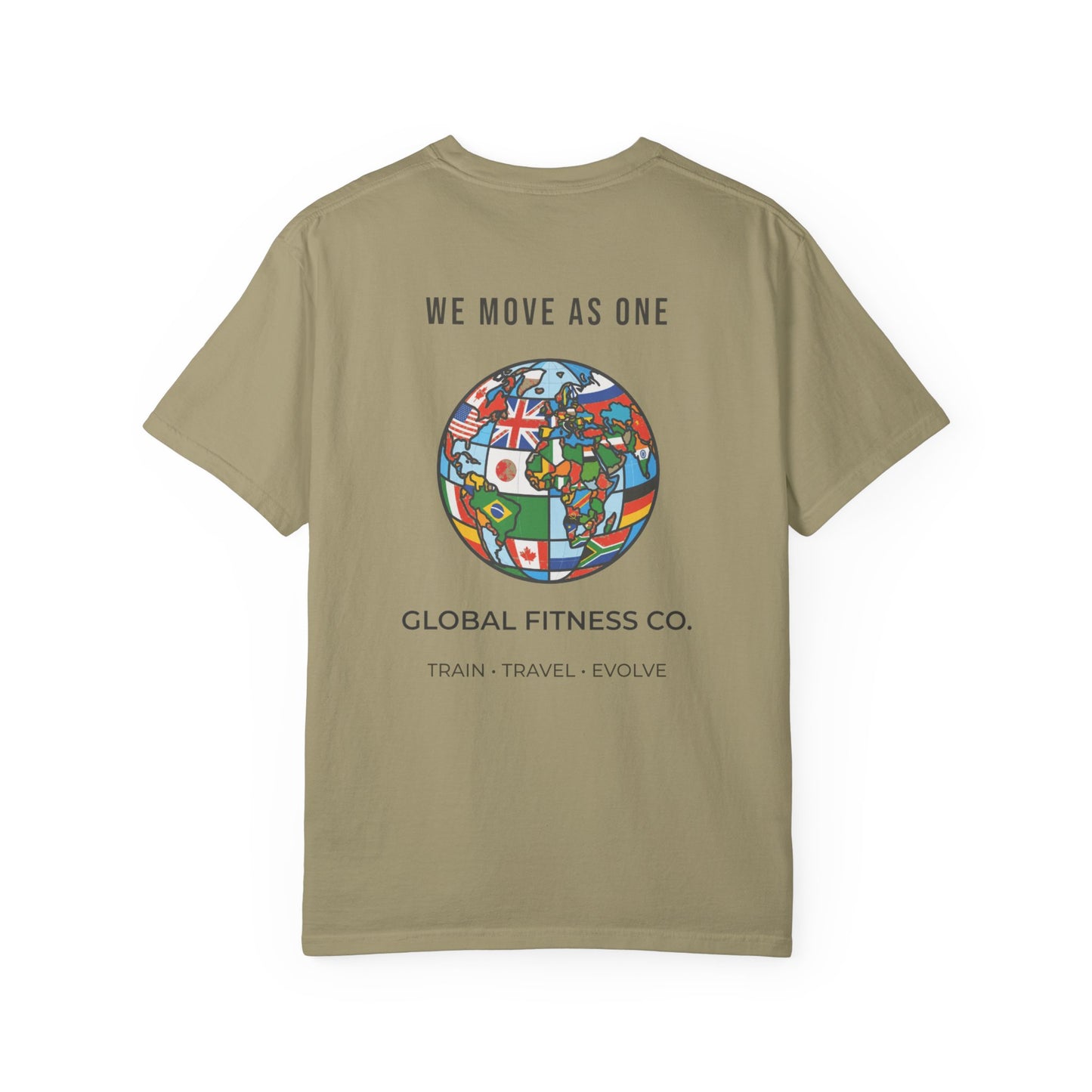 Olive Green Global Fitness Co. fitness tee featuring We Move As One colorful globe back graphic