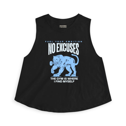 Gym Crop Top "No Excuses" — Women's Fitness Tank with Panther Graphic