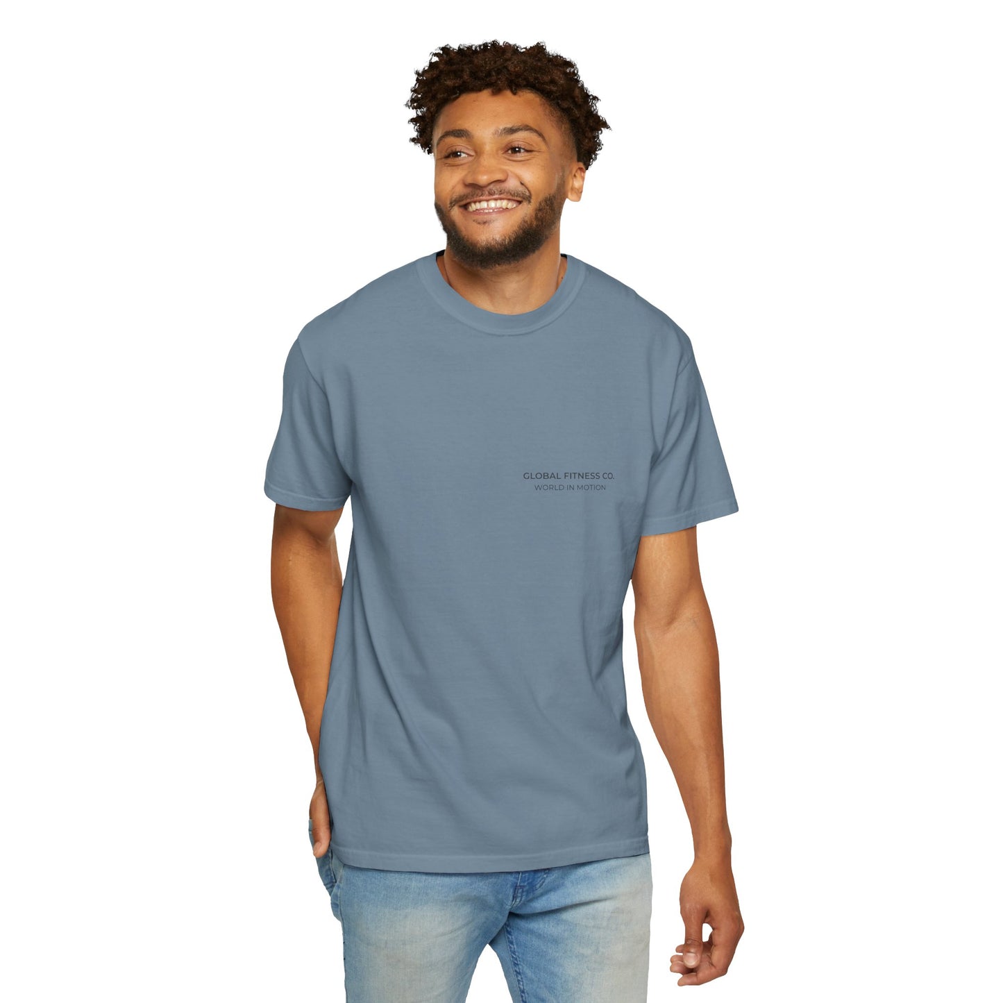 Global Fitness Co. fitness tee featuring We Move As One colorful globe back graphic