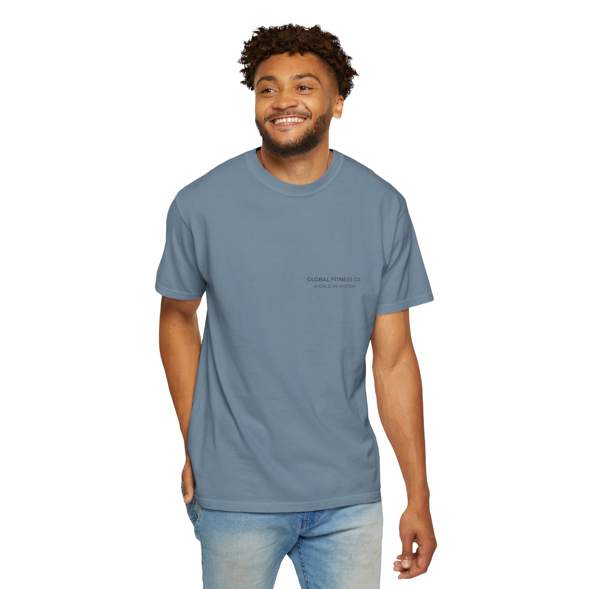 Global Fitness Co. fitness tee featuring We Move As One colorful globe back graphic