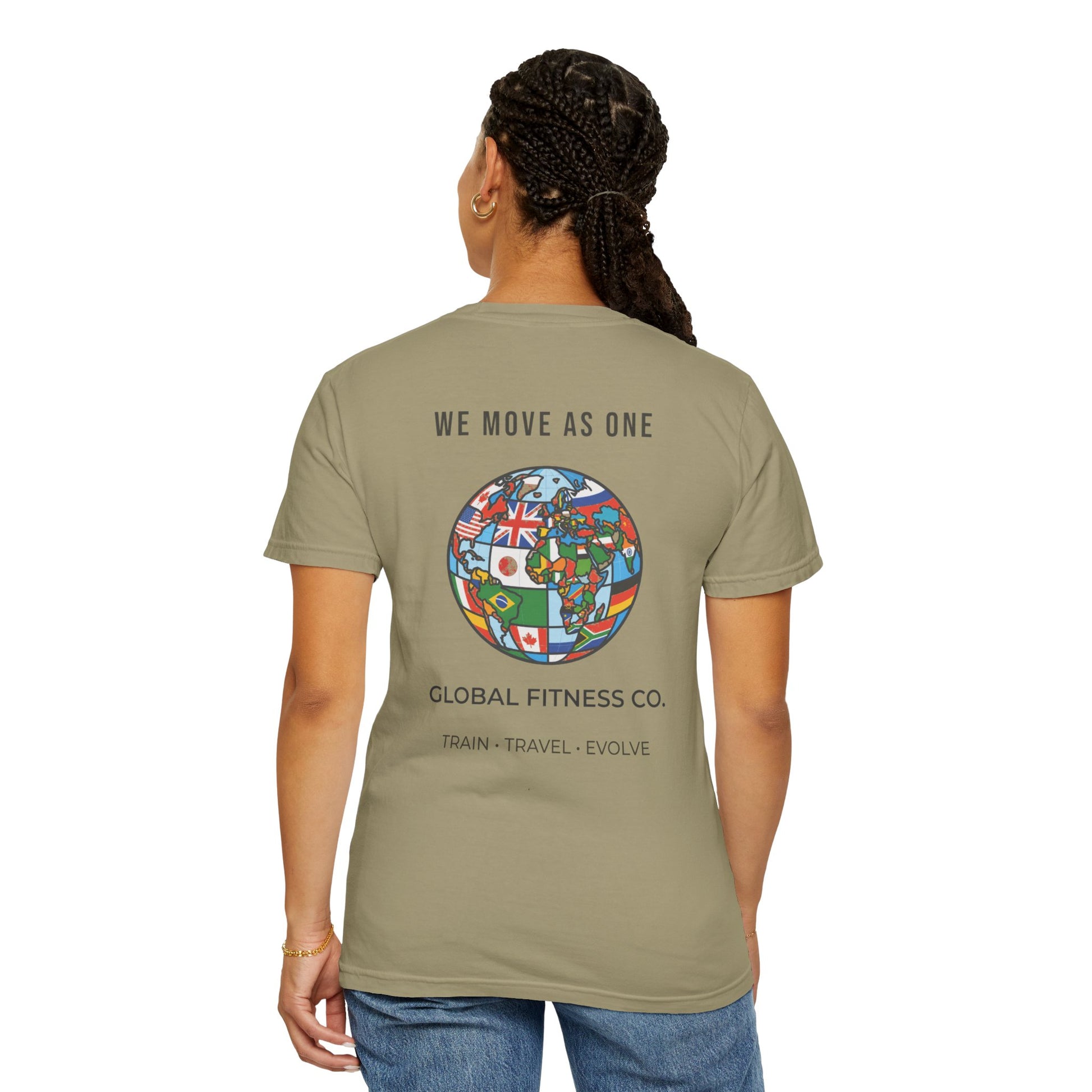 Global Fitness Co. fitness tee featuring We Move As One colorful globe back graphic