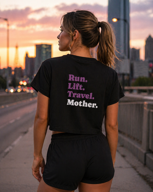 Run Lift Travel Mother Tee — Women’s Cropped Fitness Shirt | Minimal Mom Shirt Black