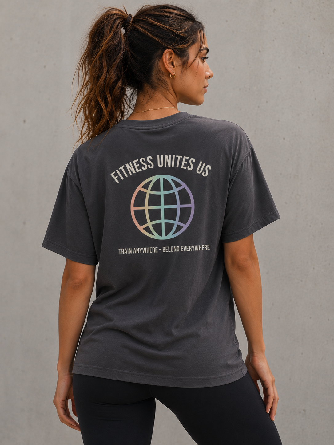 Global fitness Co. long tee with back graphic Fitness Unites Us. Train anywhere, belong everywthere. 