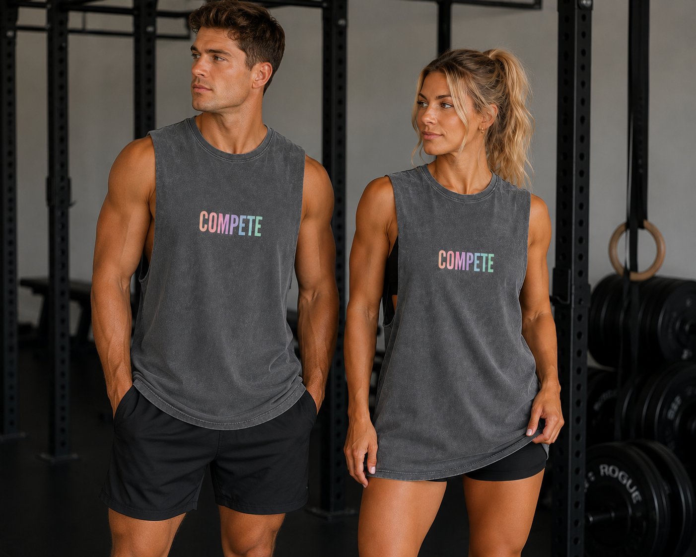 Man and Woman wearing Global Fitness Co. charcoal unisex stonewashed tank with Rise With Pride back graphic front says Compete