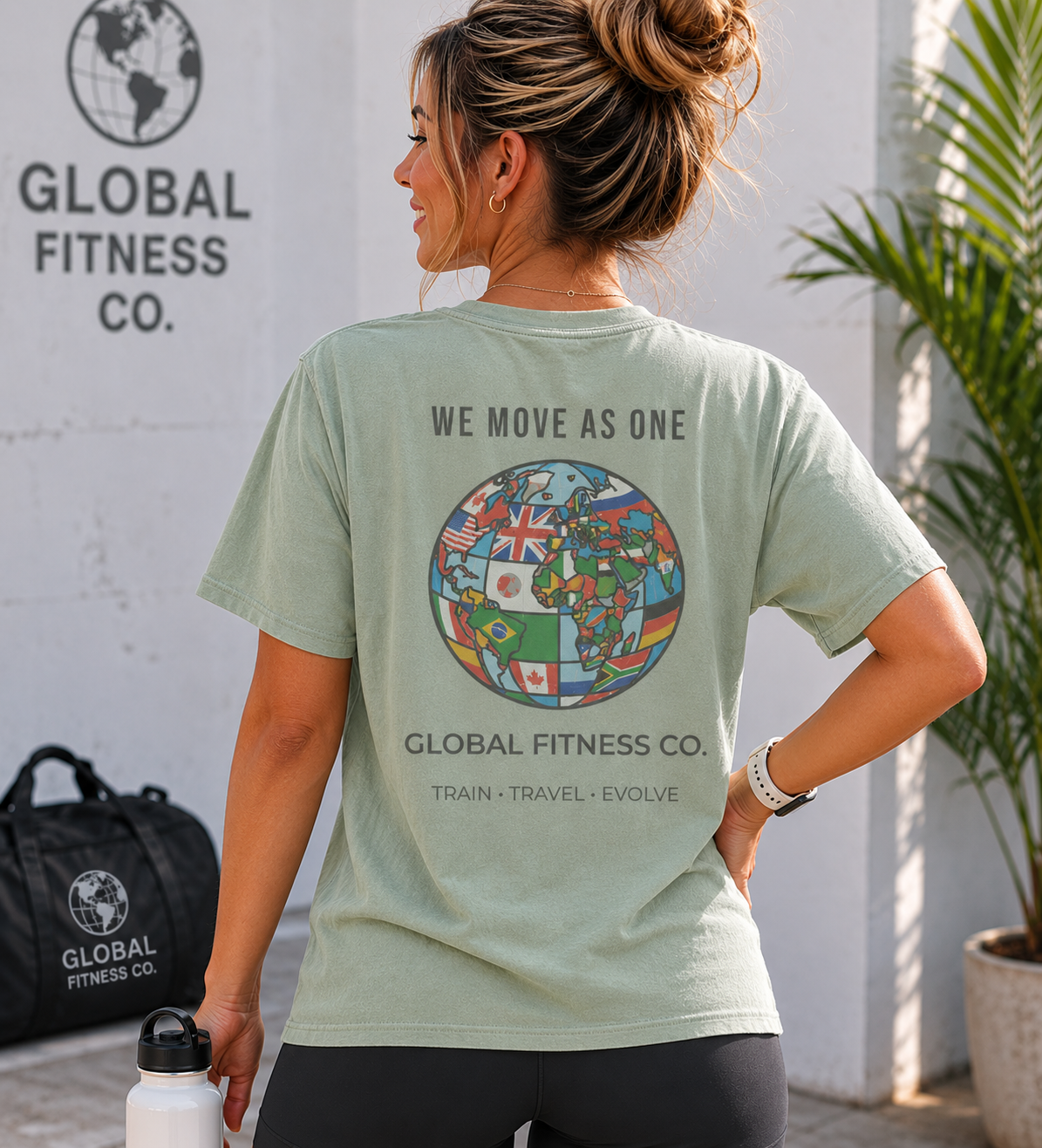 Global Fitness Co. fitness tee featuring We Move As One colorful globe back graphic