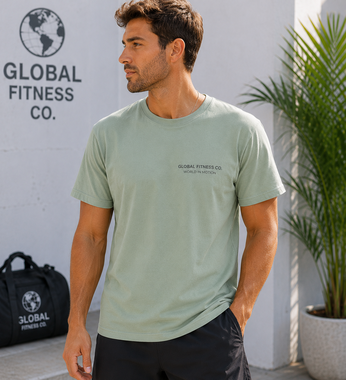 Global Fitness Co. fitness tee featuring We Move As One colorful globe back graphic