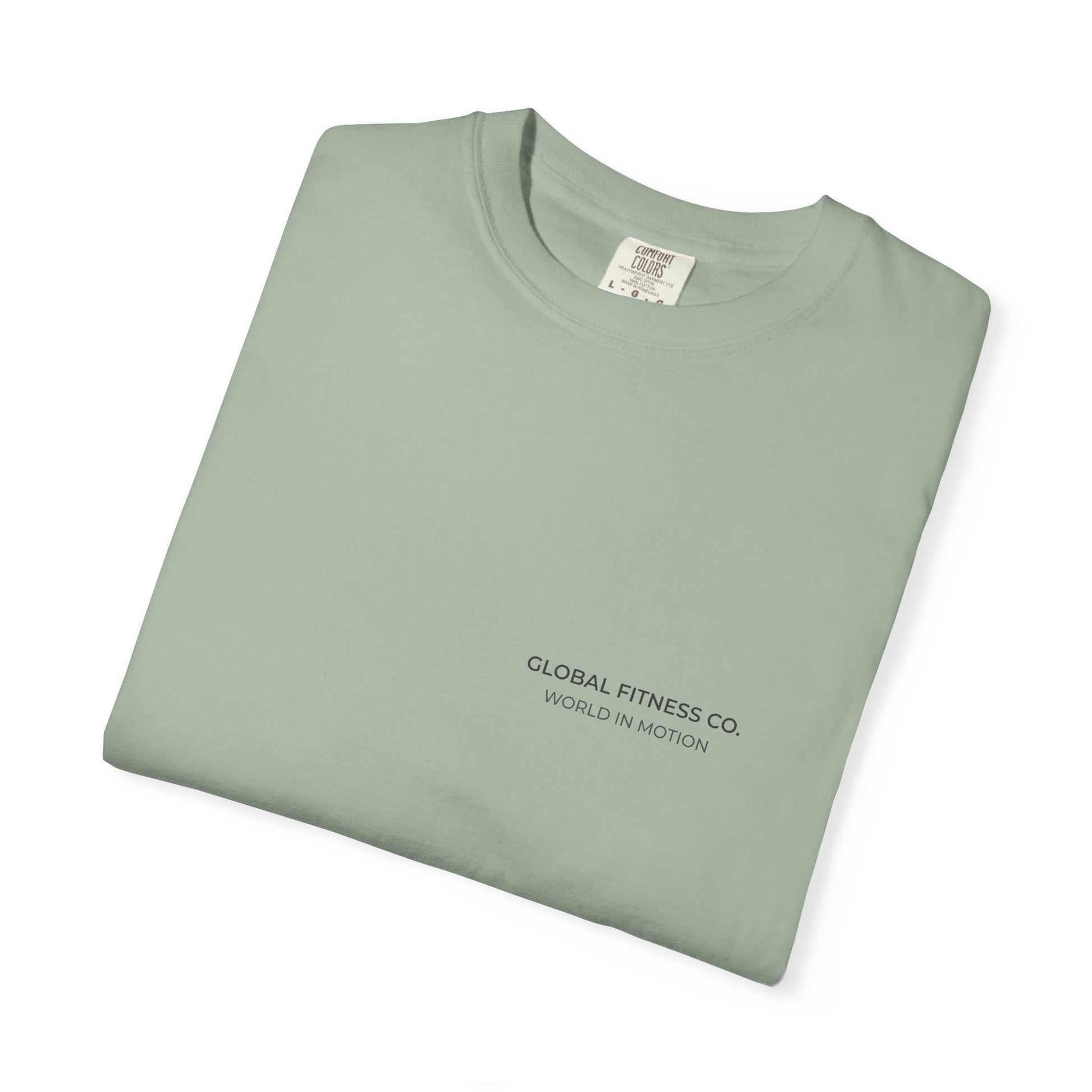 Global Fitness Co. fitness tee featuring We Move As One colorful globe back graphic