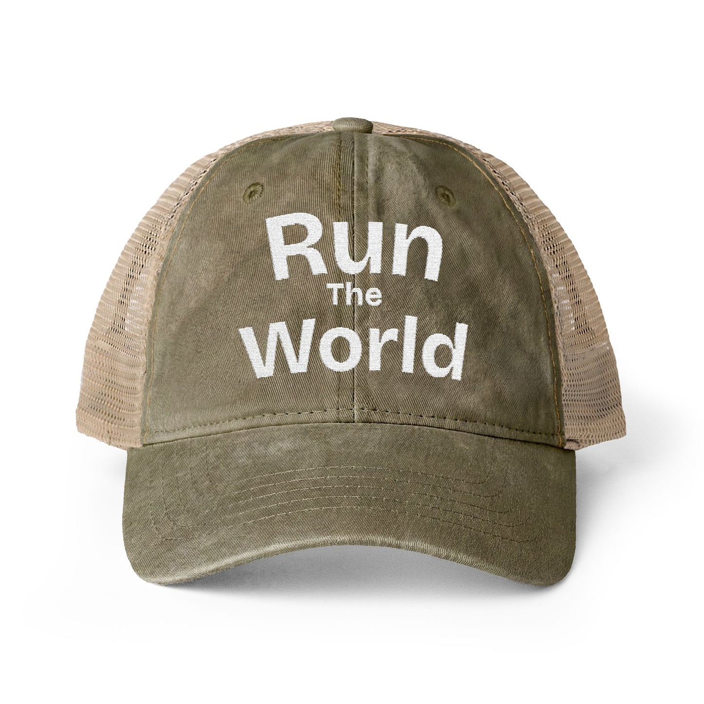 Run the World Trucker Hat | Vintage Embroidered Fitness Travel Cap | Global Fitness Co.