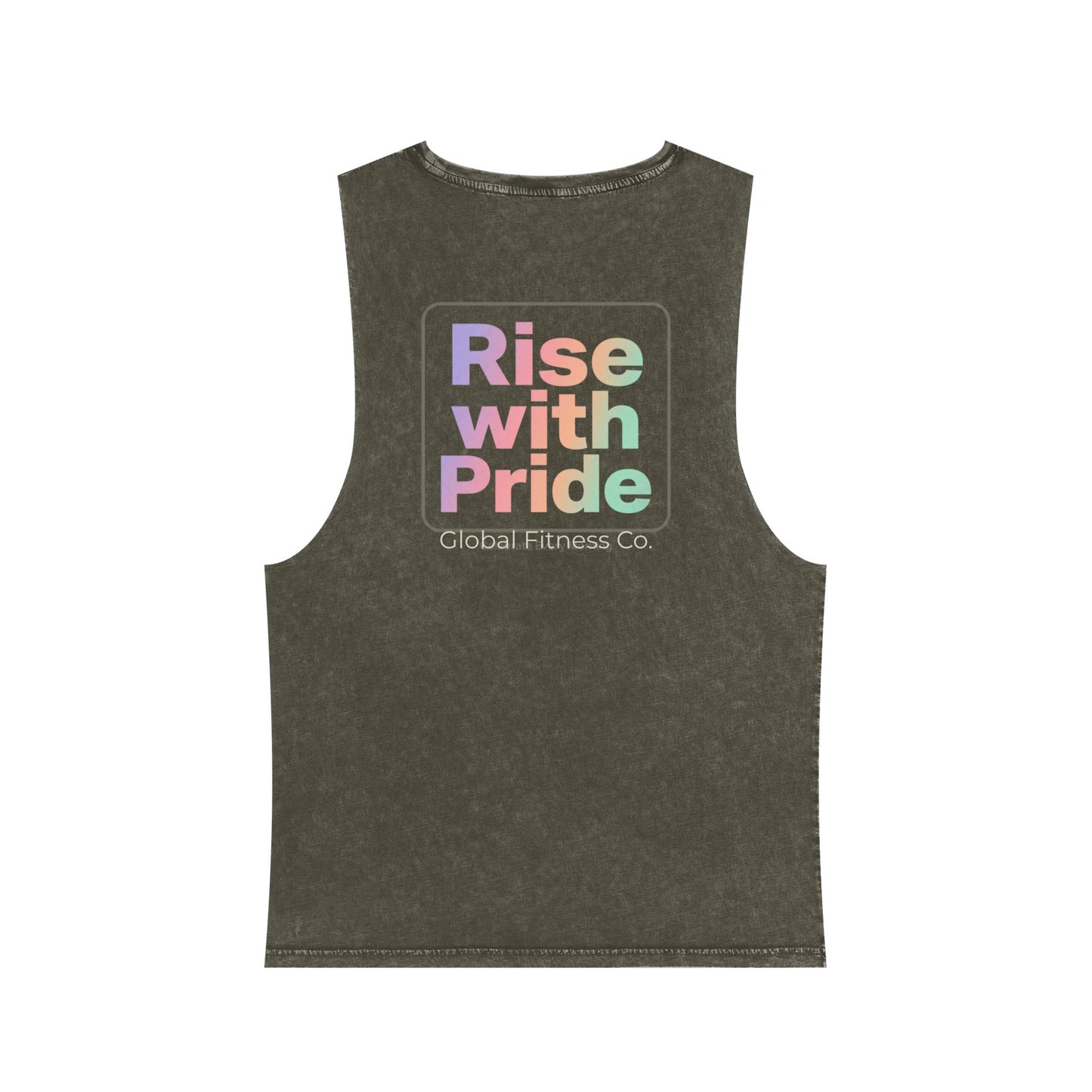 Global Fitness Co. charcoal unisex stonewashed tank with Rise With Pride back graphic  and front says Compete