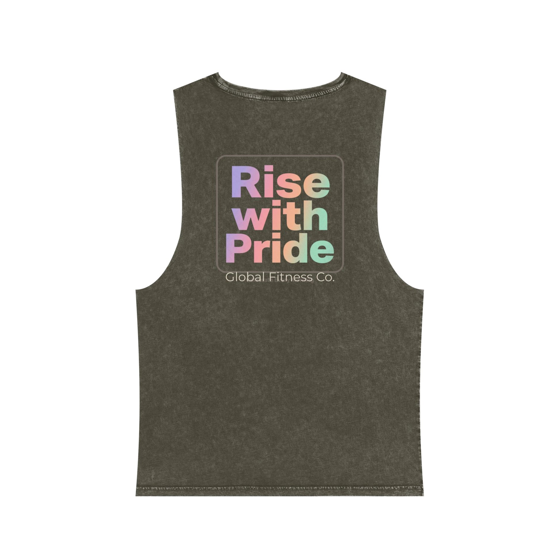 Global Fitness Co. charcoal unisex stonewashed tank with Rise With Pride back graphic  and front says Compete