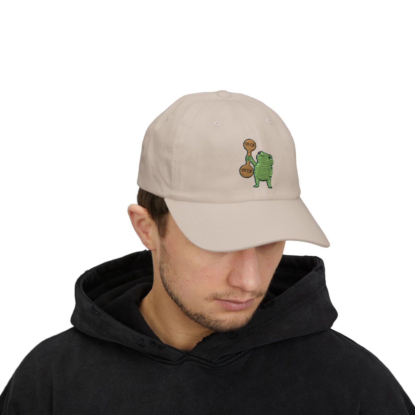 Global Fitness Co. dad hat in beige featuring embroidered frog fitness graphic