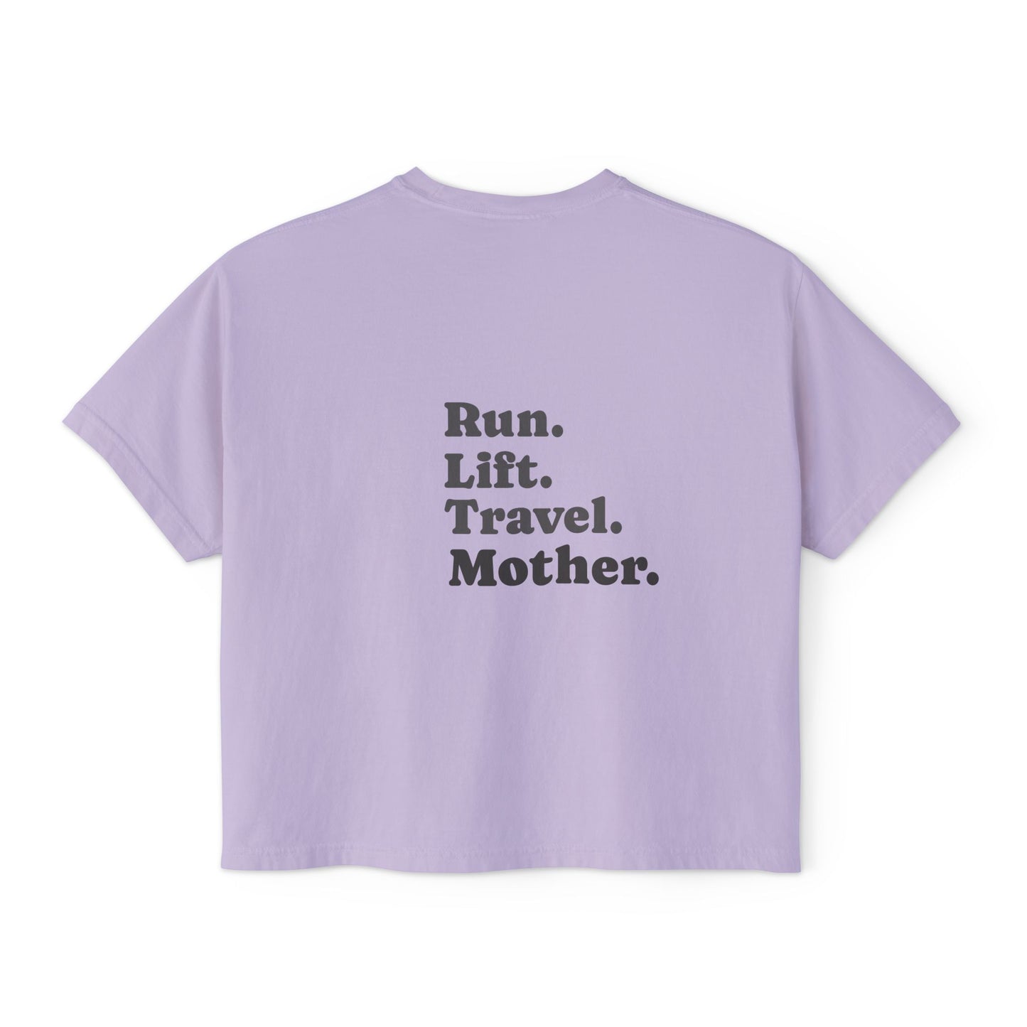 Run Lift Travel Mother Tee — Women’s Cropped Fitness Shirt | Minimal Mom Shirt Orchid