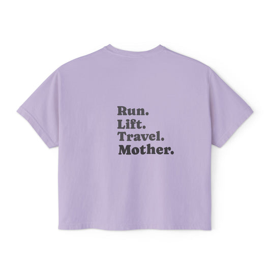 Run Lift Travel Mother Tee — Women’s Cropped Fitness Shirt | Minimal Mom Shirt Orchid