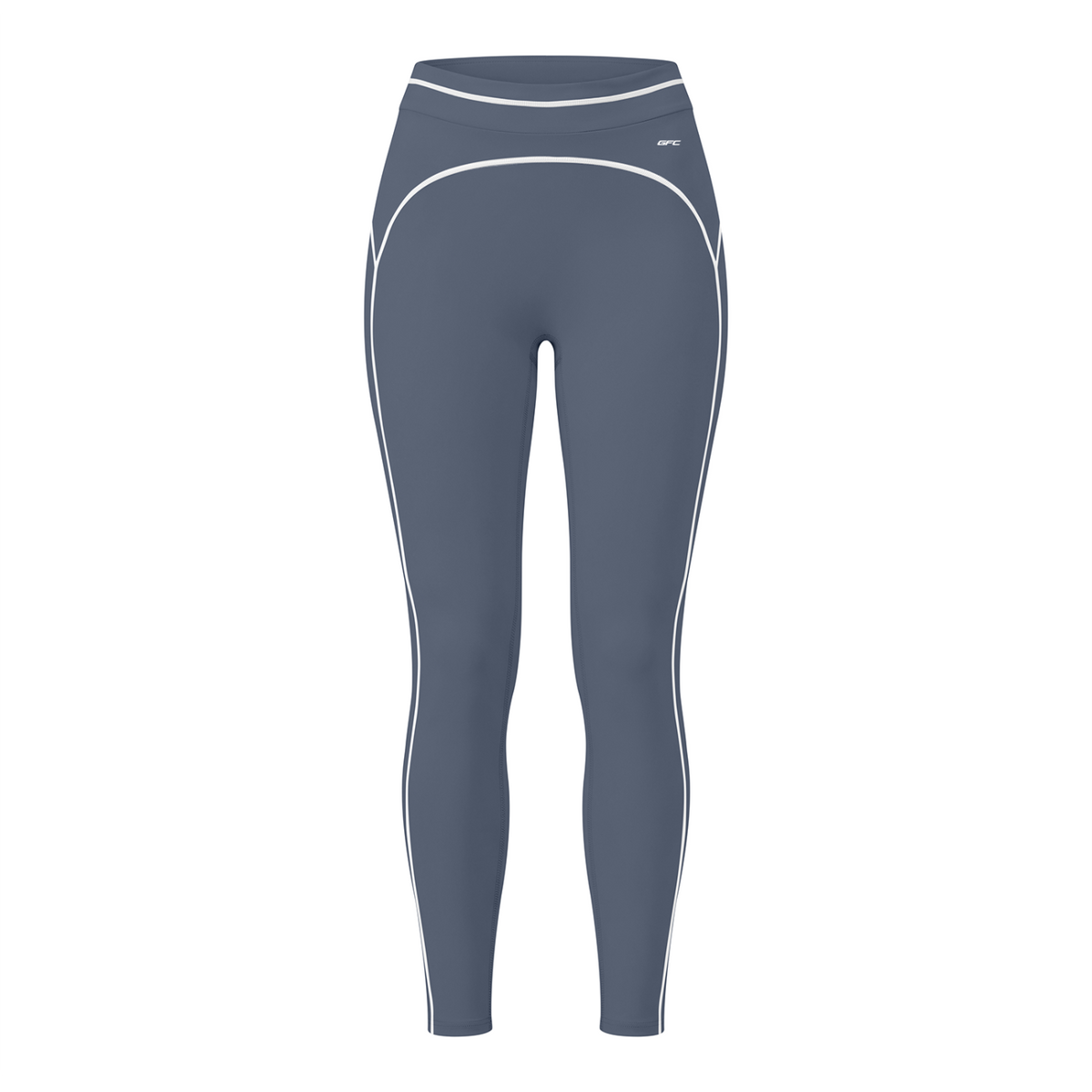 A pair of high-waisted athletic leggings in slate blue-gray with white piping details along the sides and waist, shown against a plain white background.