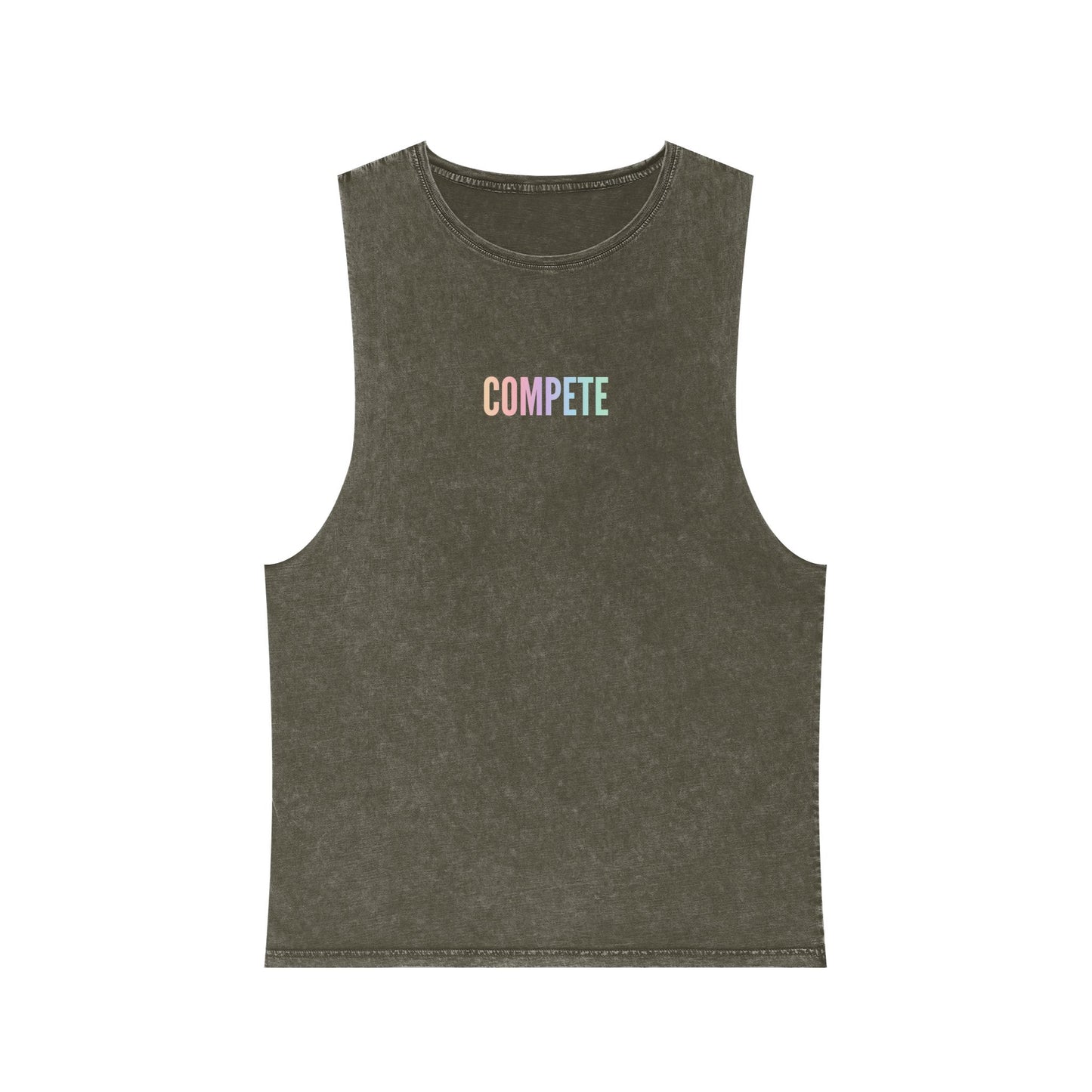Global Fitness Co. charcoal unisex stonewashed tank with Rise With Pride back graphic