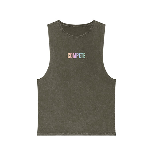 Global Fitness Co. charcoal unisex stonewashed tank with Rise With Pride back graphic