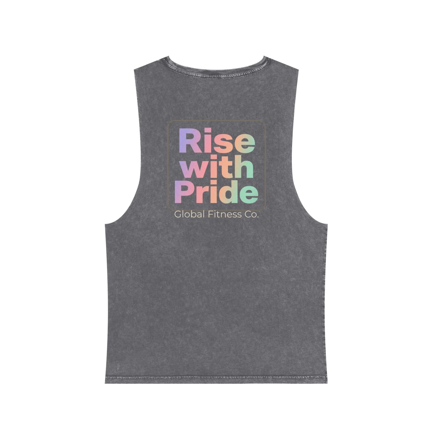 Global Fitness Co. charcoal unisex stonewashed tank with Rise With Pride back graphic and front says Compete