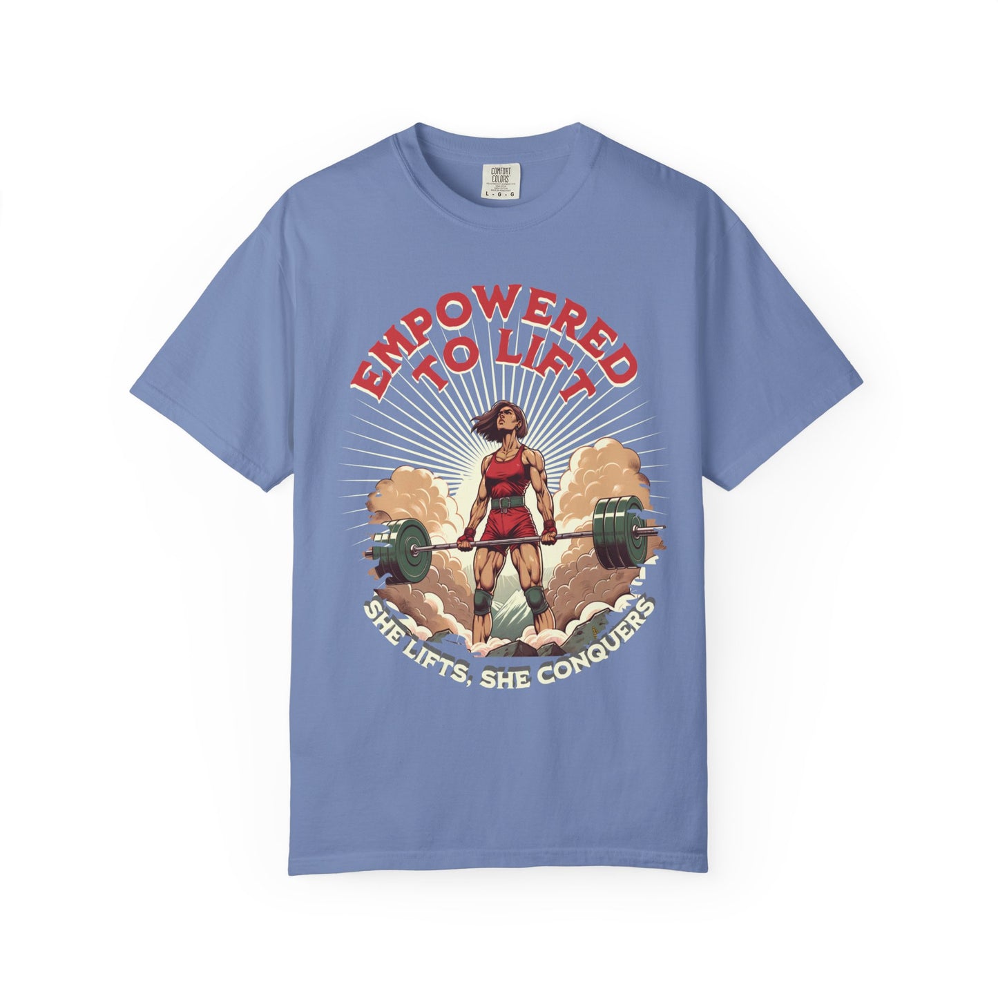 Empowered to Lift T-Shirt — "She Lifts, She Conquers" Weightlifting Tee