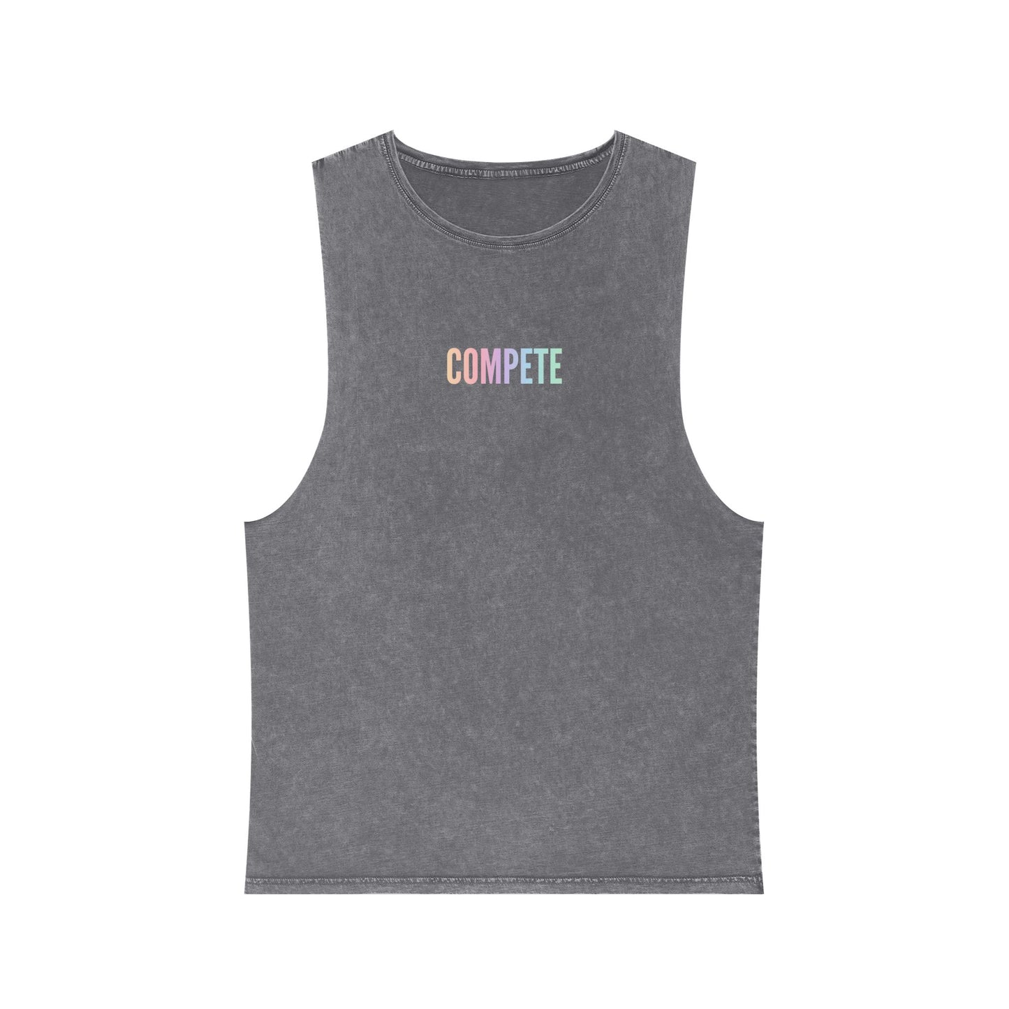 Global Fitness Co. charcoal unisex stonewashed tank with Rise With Pride back graphic