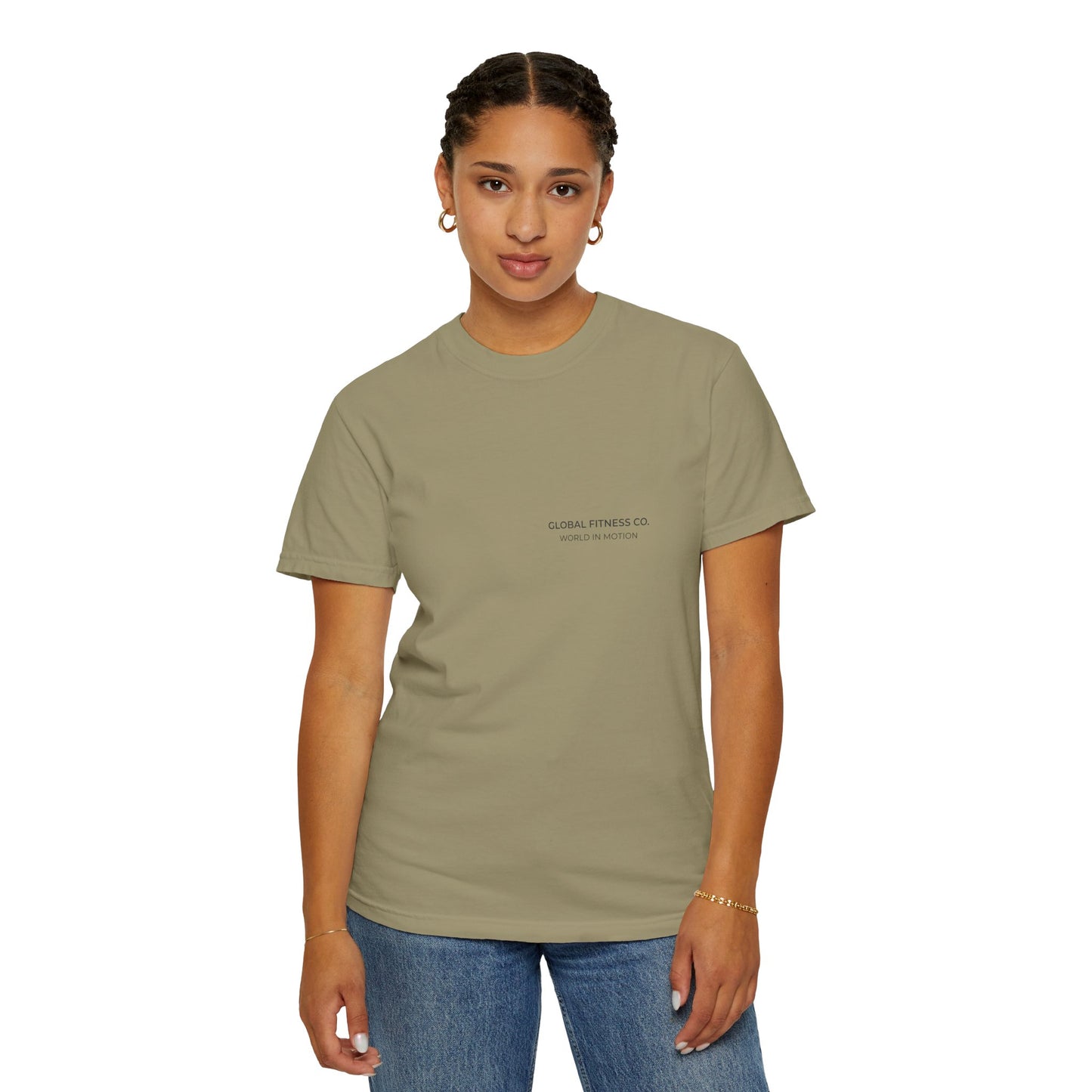 Global Fitness Co. fitness tee featuring We Move As One colorful globe back graphic