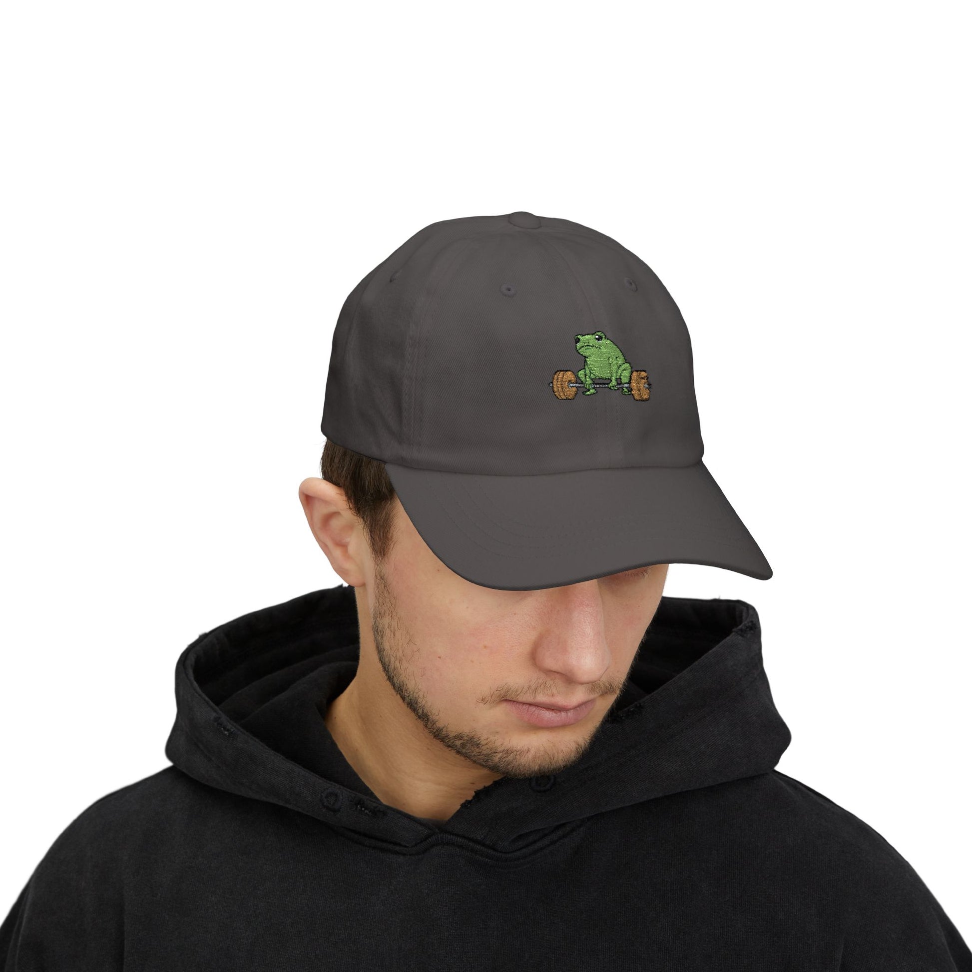Global Fitness Co. dad hat featuring embroidered frog fitness graphic