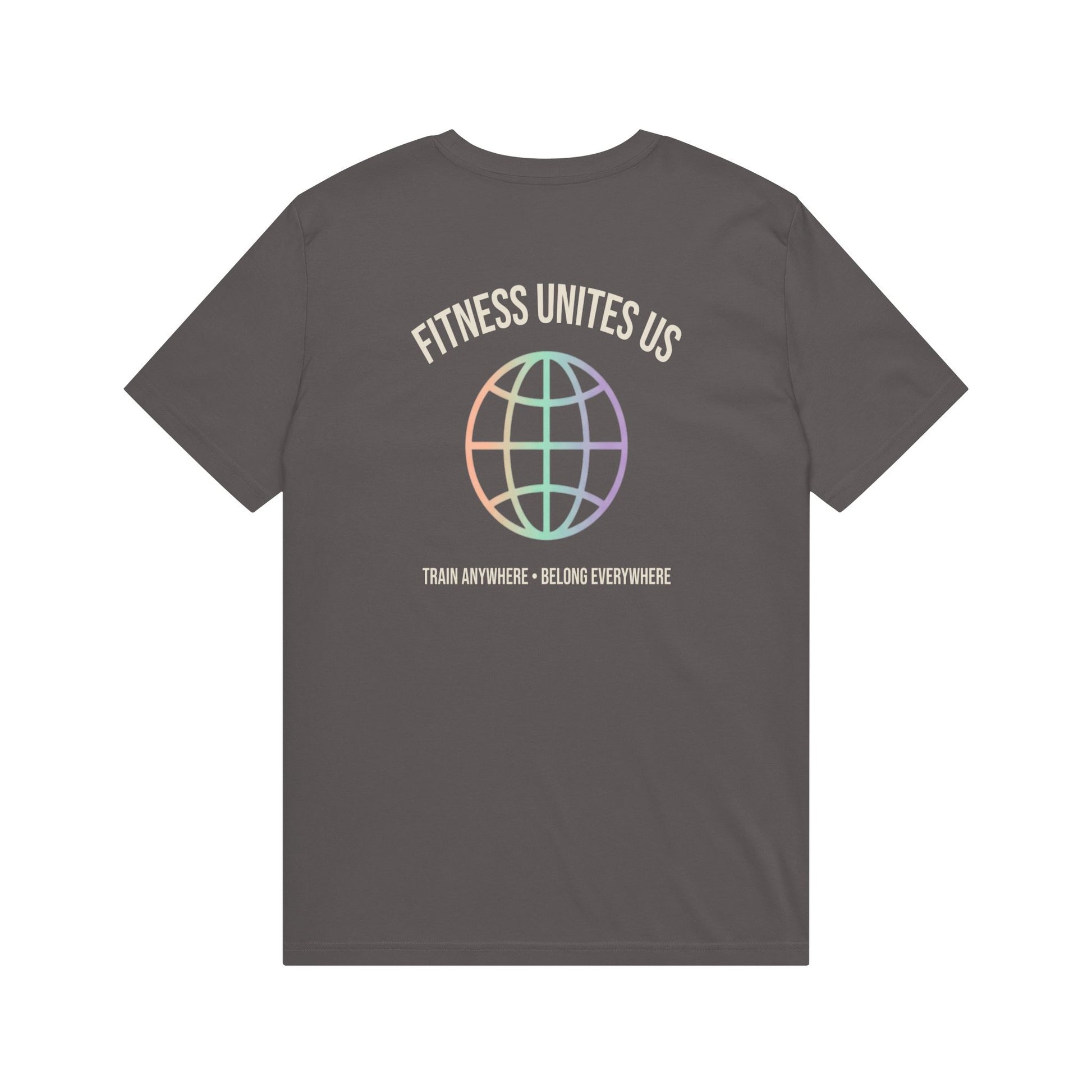 Global fitness Co. long tee with back graphic Fitness Unites Us. Train anywhere, belong everywthere. 