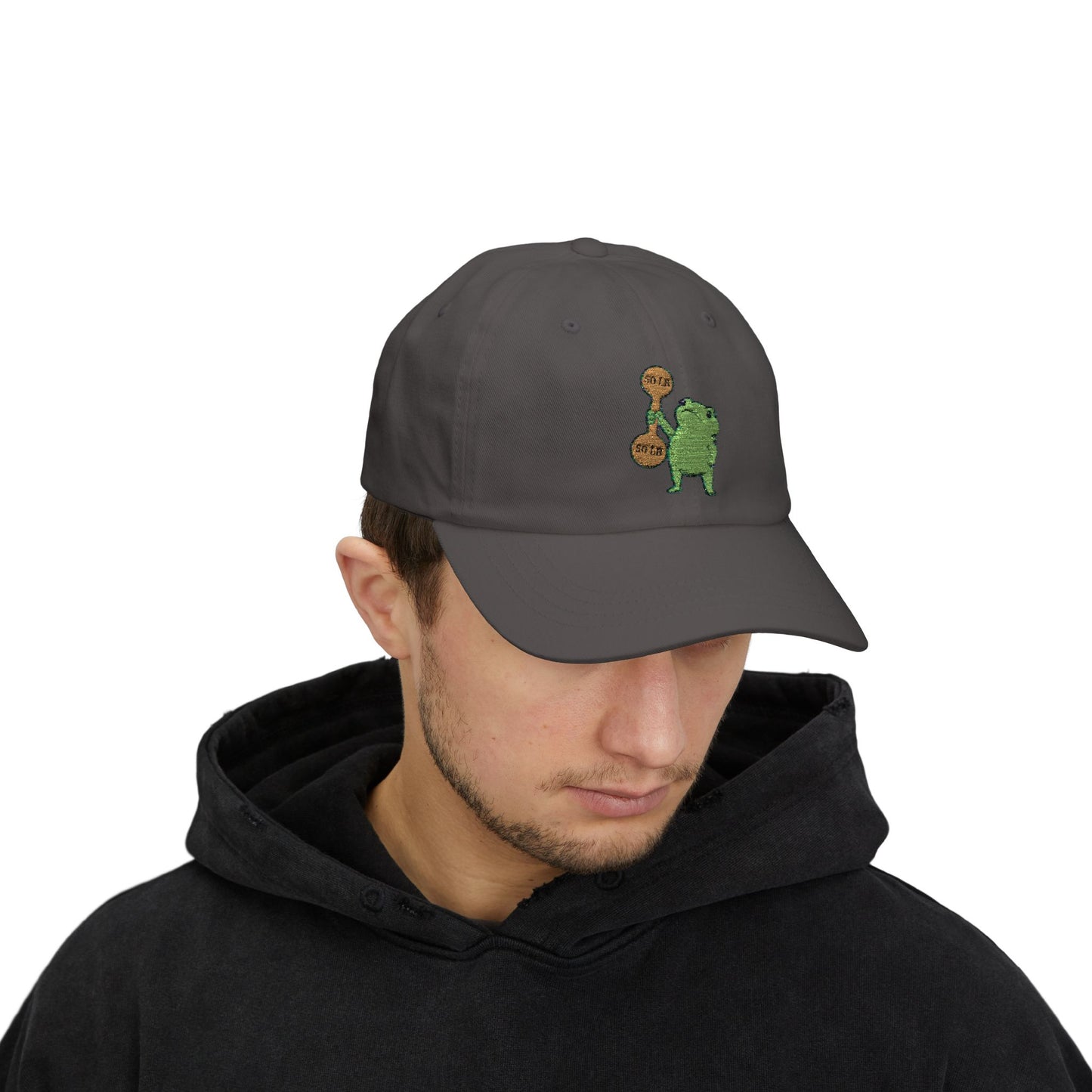 Global Fitness Co. dad hat featuring embroidered frog fitness graphic