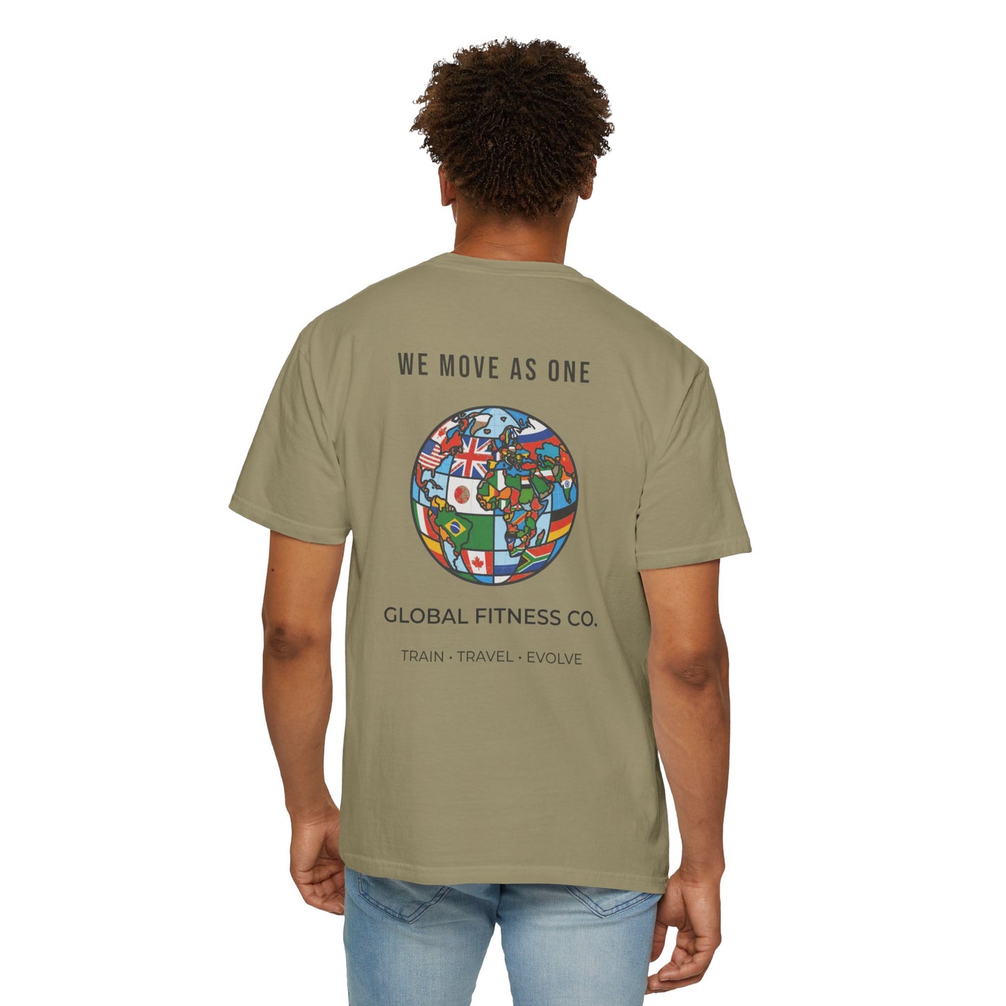 Global Fitness Co. fitness tee featuring We Move As One colorful globe back graphic