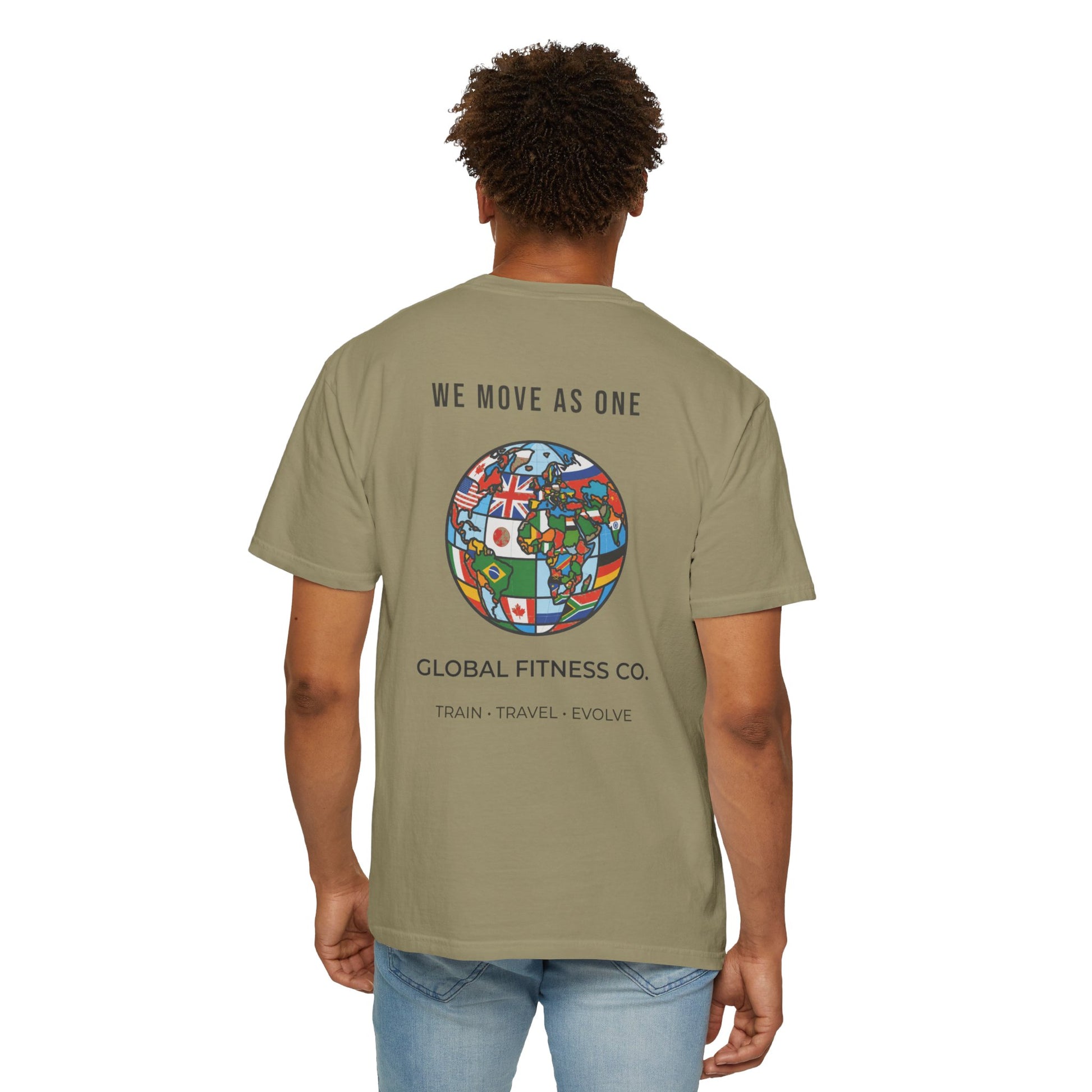 Global Fitness Co. fitness tee featuring We Move As One colorful globe back graphic