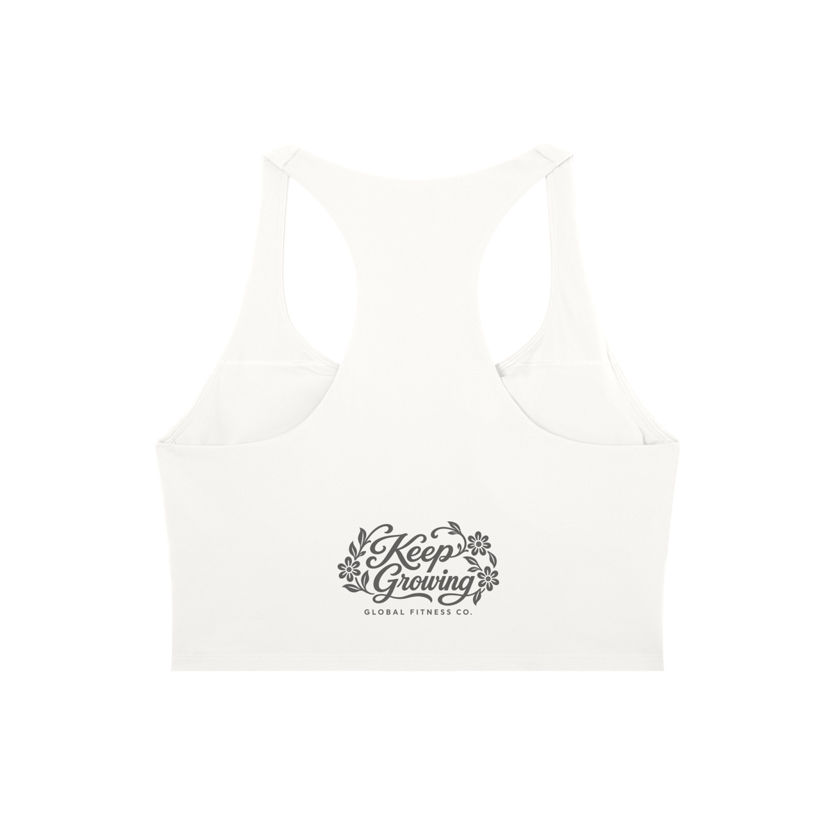 An off-white racerback sports bra with a gray 'Keep Growing Global Fitness Co.' graphic printed on the center front, shown against a plain white background.