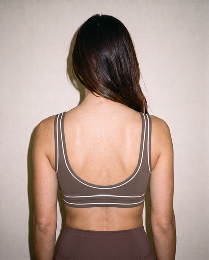 BROWN SPORTS BRA WHITE TRIM BACK VIEW