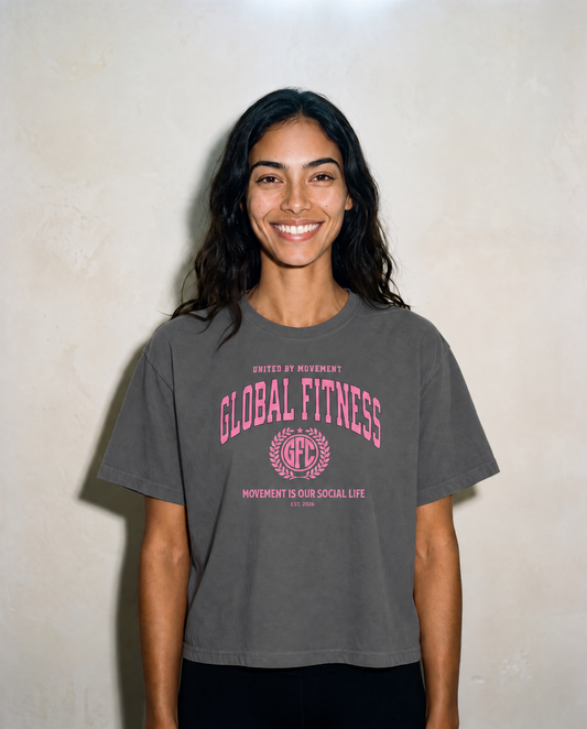 CUTEST PINK BOXY TEE - GREY  -GLOBAL FITNESS  CO. 