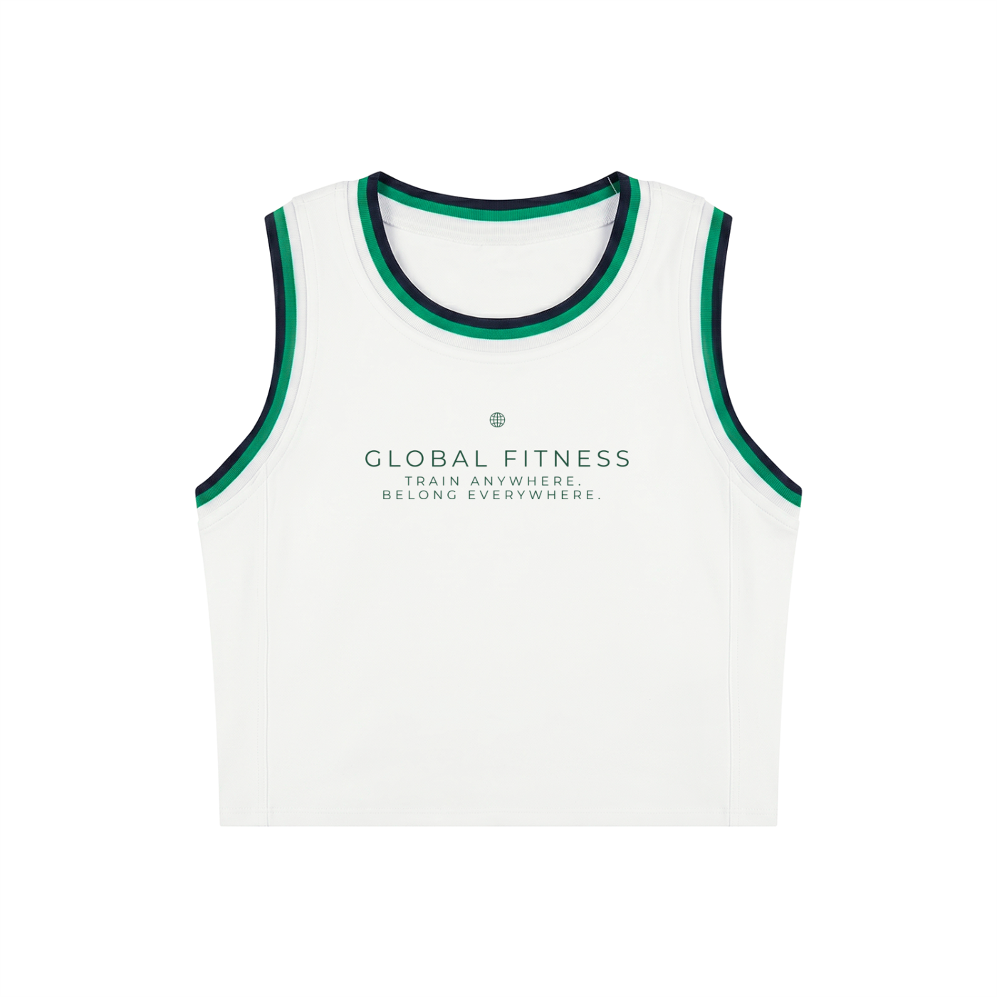 A white sleeveless athletic tank top with green trim around the neckline and armholes, featuring the text 'GLOBAL FITNESS TRAIN ANYWHERE BELONG EVERYWHERE' printed in green on the chest.