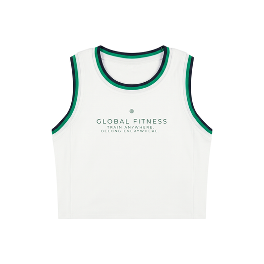 A white sleeveless athletic tank top with green trim around the neckline and armholes, featuring the text 'GLOBAL FITNESS TRAIN ANYWHERE BELONG EVERYWHERE' printed in green on the chest.